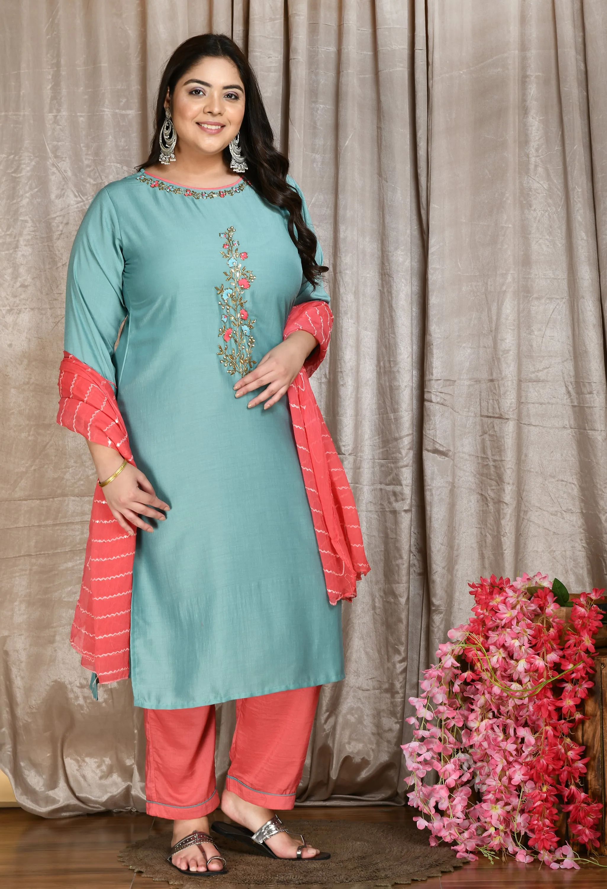 Plus Size Meraki Sea Green Embellished Kurta Set with Dupatta