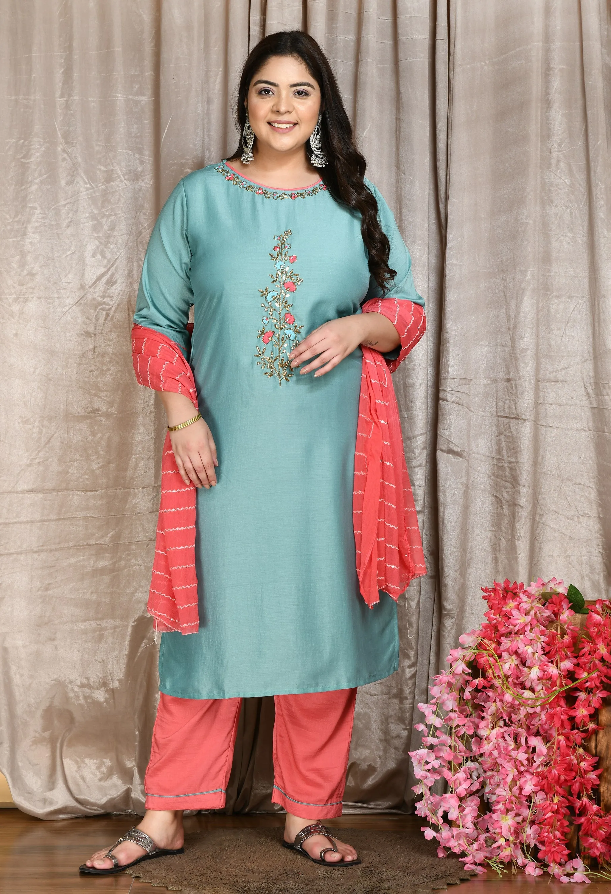 Plus Size Meraki Sea Green Embellished Kurta Set with Dupatta