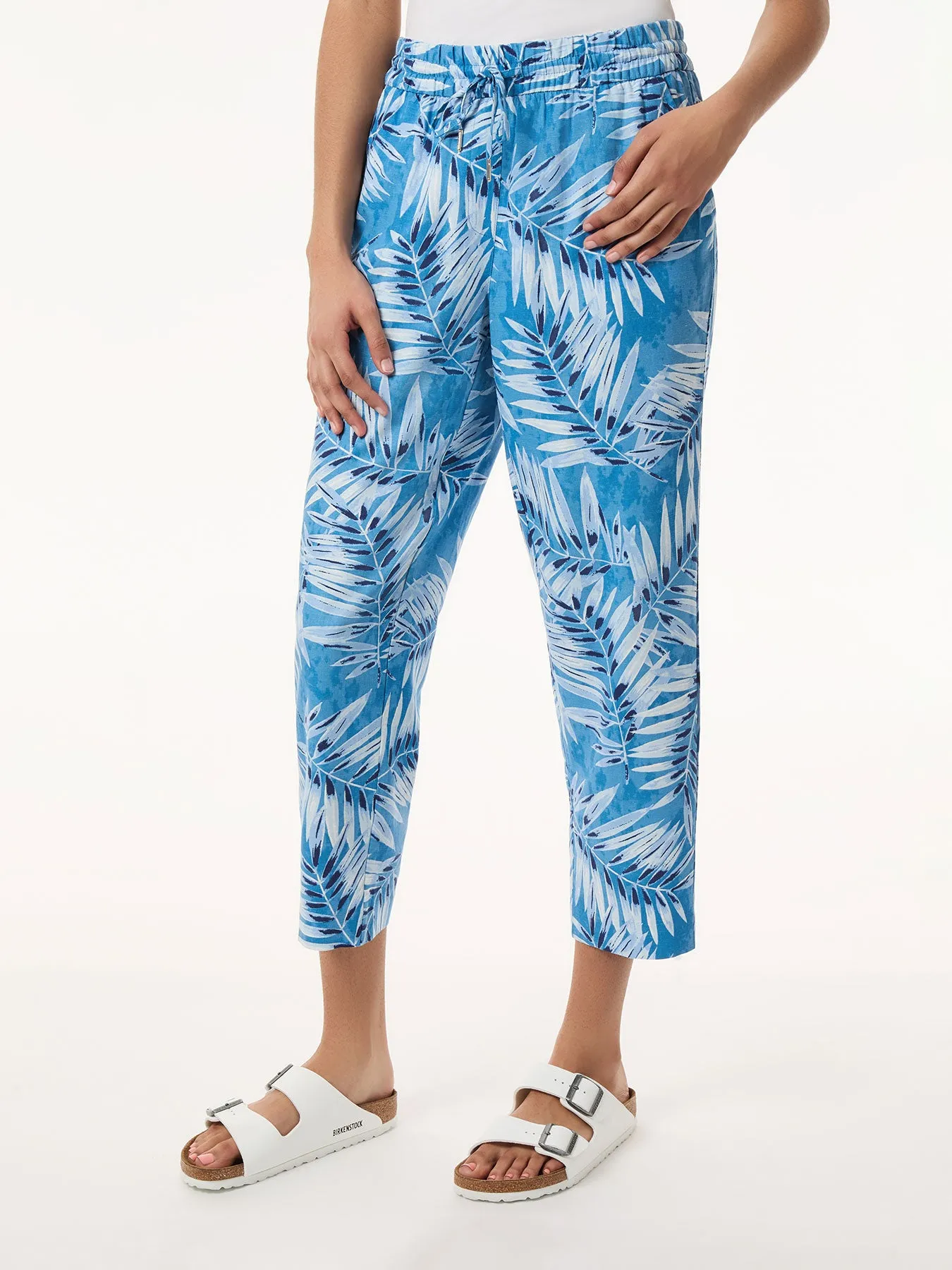 Pull On Drawstring Cropped Trouser, Printed Linen