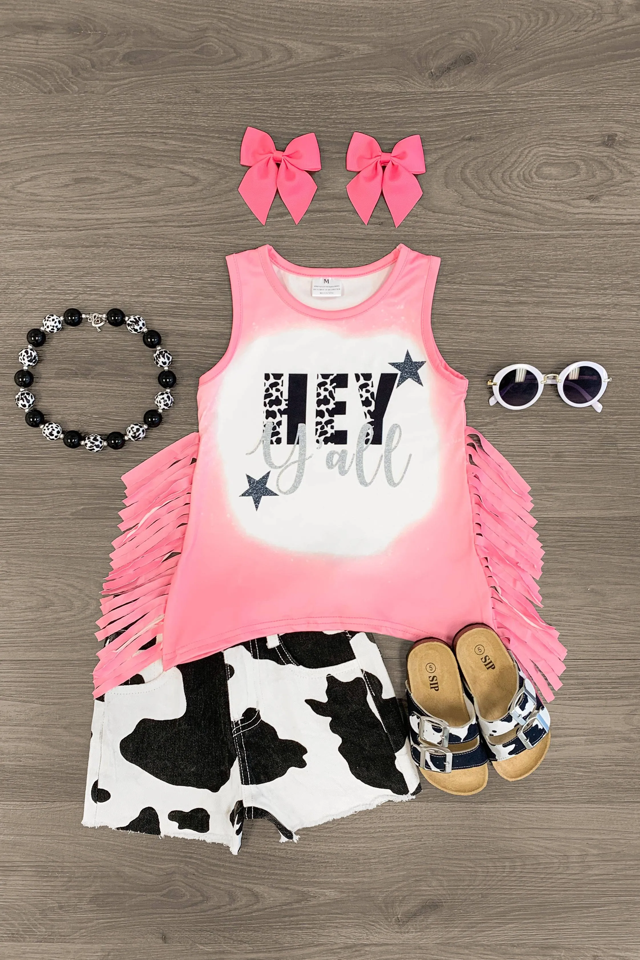 "Hey Y'all" Pink Cow Distressed Short Set