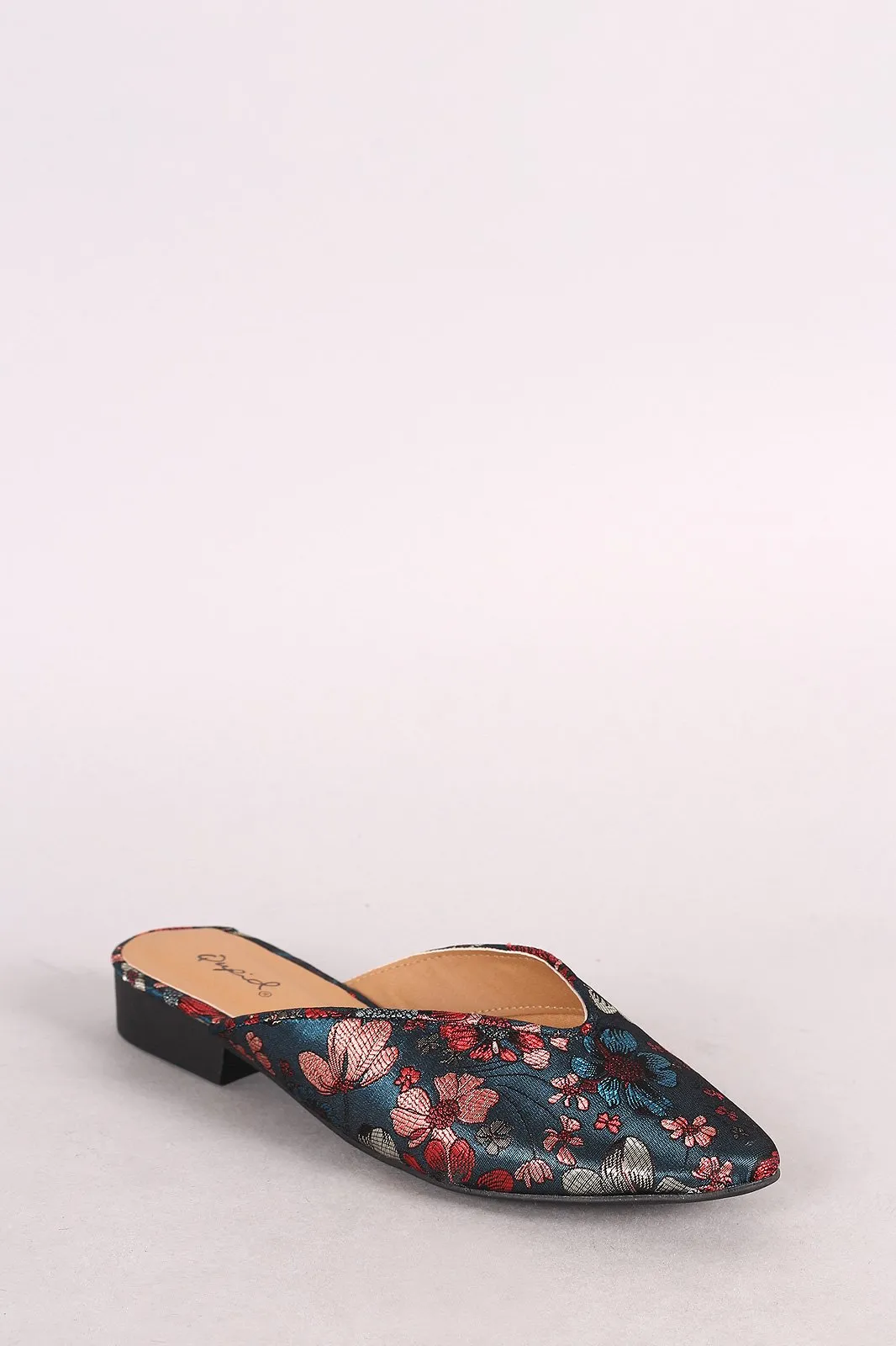 Qupid Satin Floral Brocade Pointy Toe Mule Flat