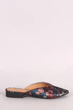 Qupid Satin Floral Brocade Pointy Toe Mule Flat