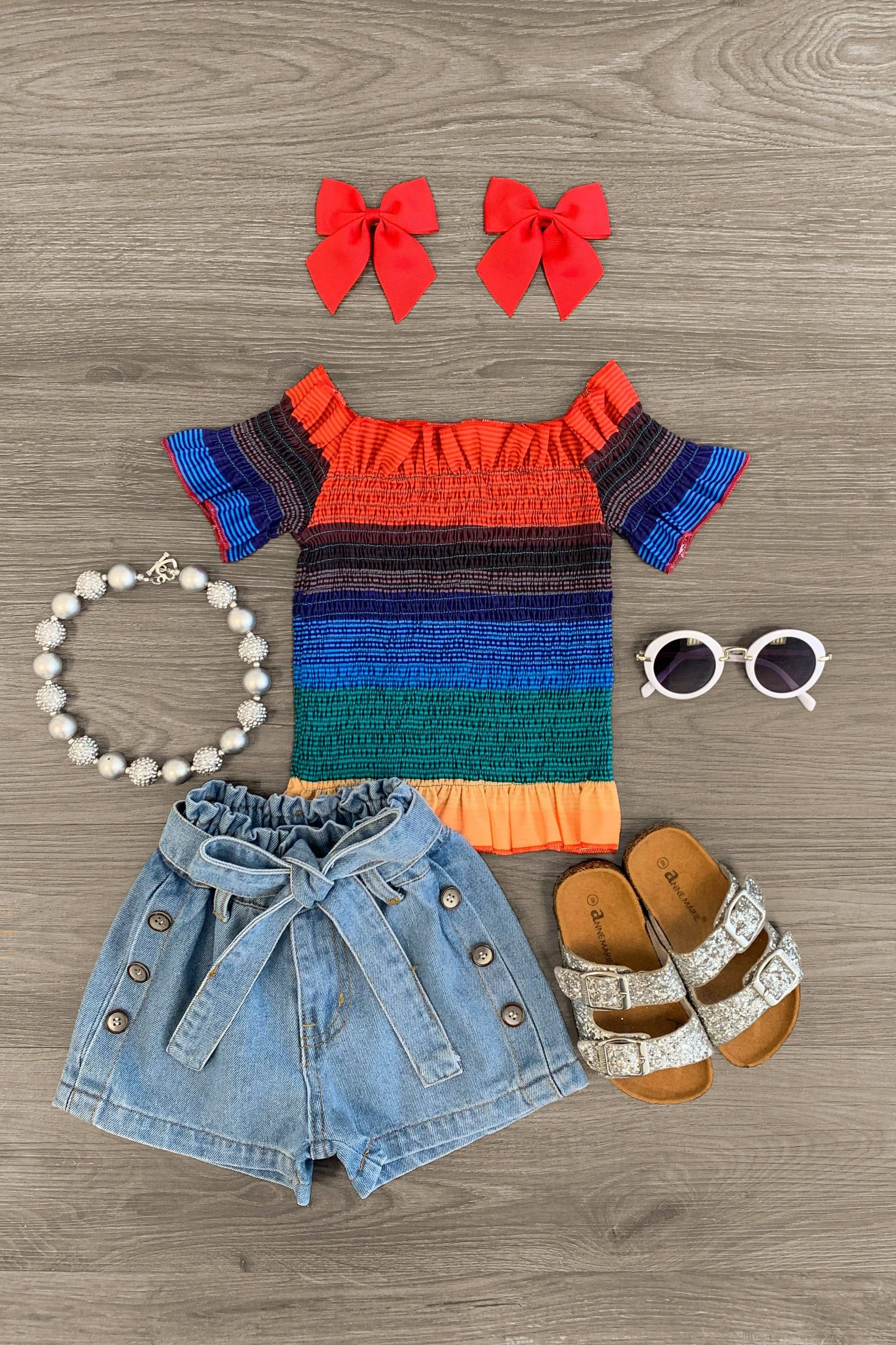 Rainbow Striped Smocked Denim Short Set