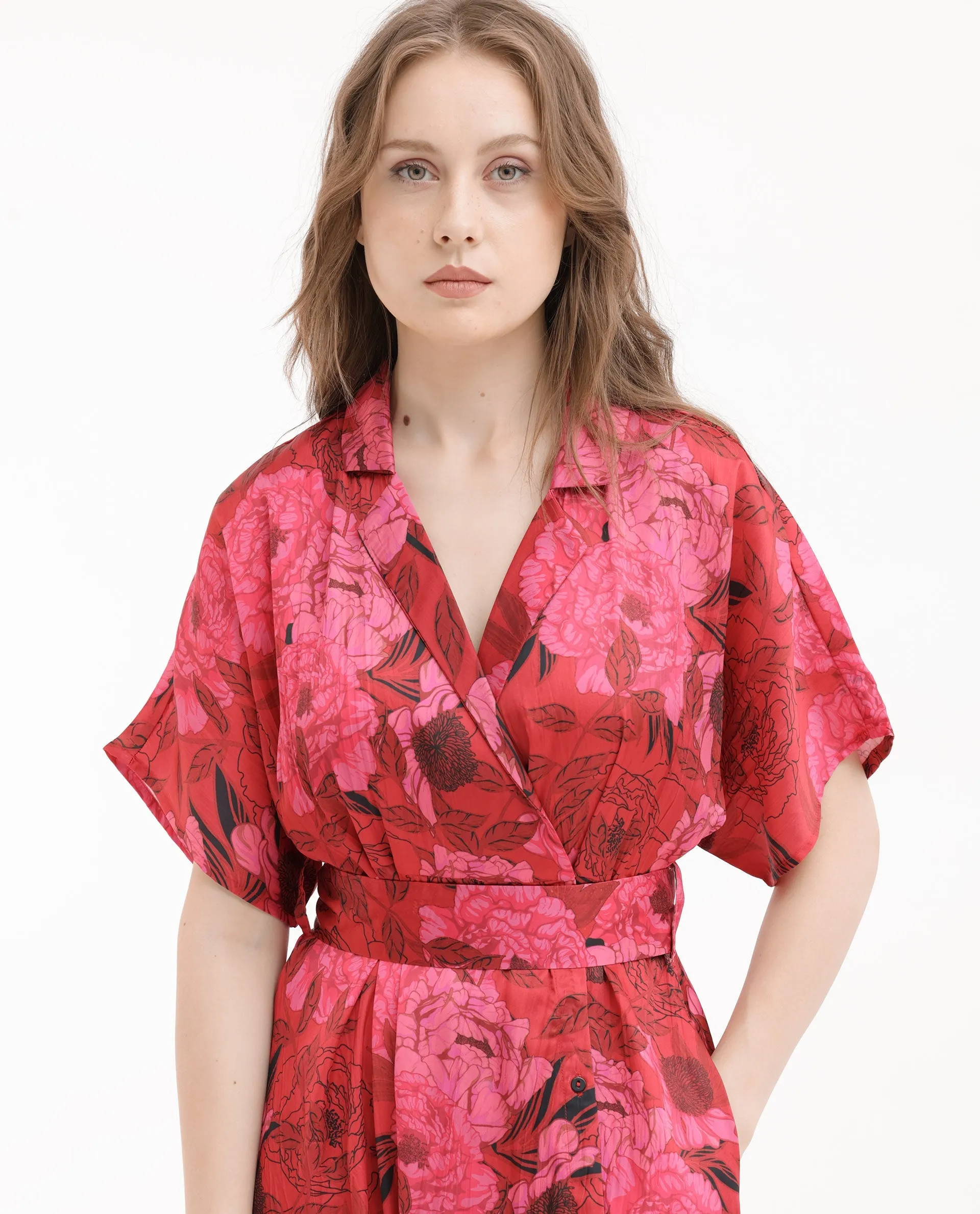 Rareism Women Felik Red Polyester Fabric Short Sleeves Button Closure Lapel Neck Extended Sleeve Relaxed Fit Floral Print Midi Dress