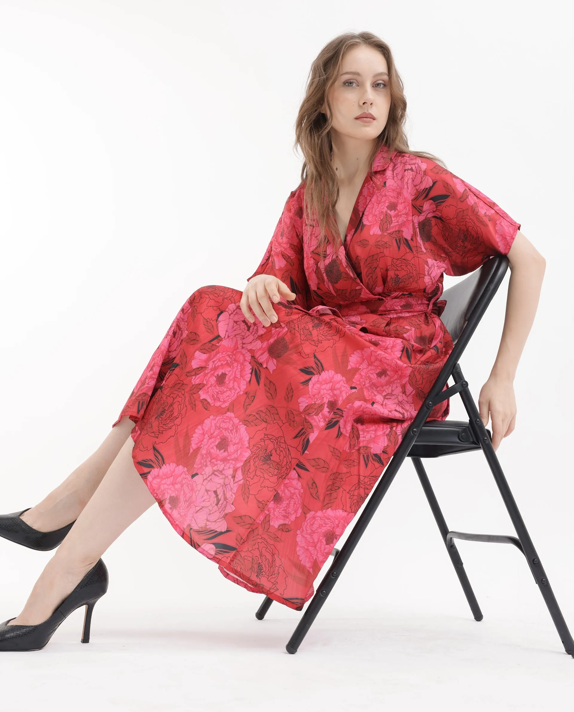 Rareism Women Felik Red Polyester Fabric Short Sleeves Button Closure Lapel Neck Extended Sleeve Relaxed Fit Floral Print Midi Dress