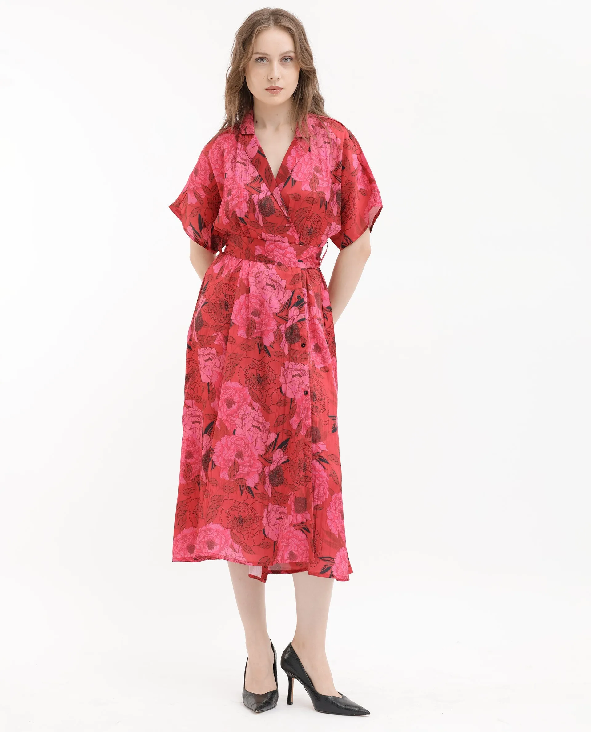 Rareism Women Felik Red Polyester Fabric Short Sleeves Button Closure Lapel Neck Extended Sleeve Relaxed Fit Floral Print Midi Dress