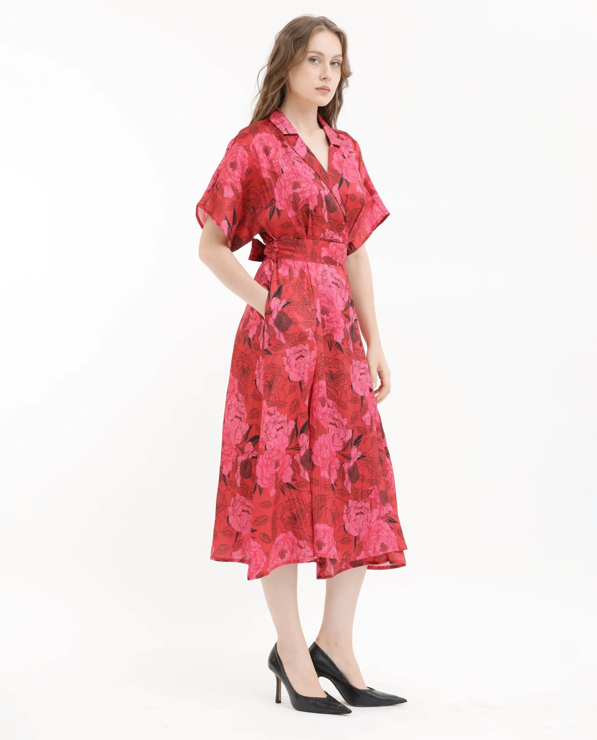 Rareism Women Felik Red Polyester Fabric Short Sleeves Button Closure Lapel Neck Extended Sleeve Relaxed Fit Floral Print Midi Dress