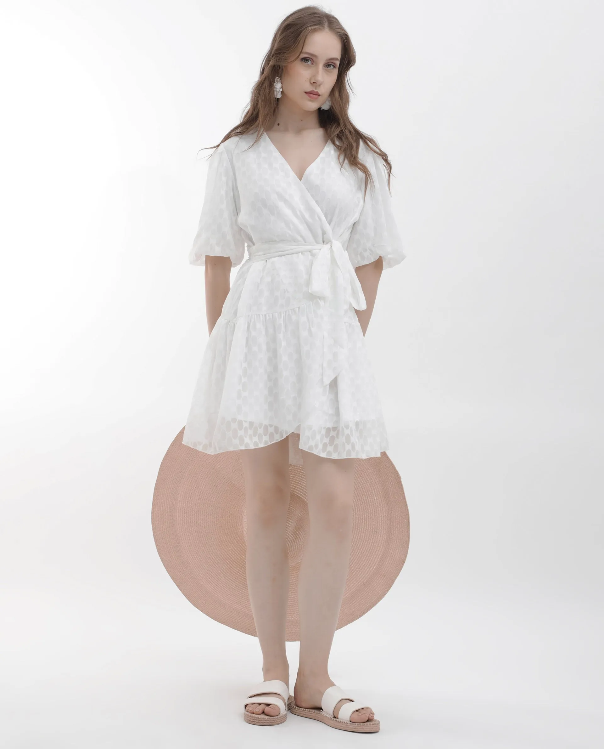 Rareism Women Lavelle White Polyester Fabric Short Sleeves Zip Closure Over Lap Balloon Sleeve Fit And Flare Plain Mini Dress