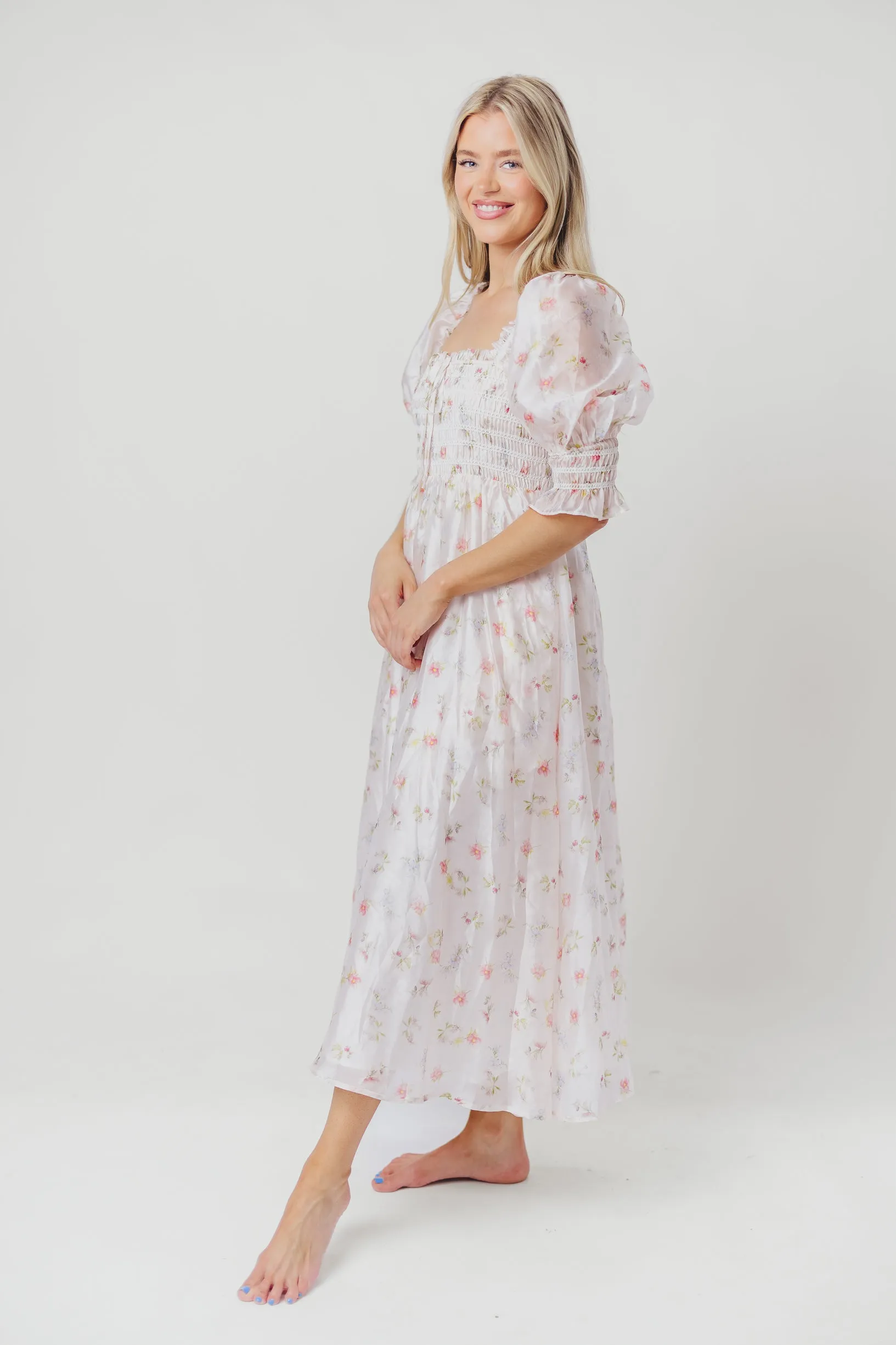 Rebecca Joy Smocked Midi Dress in Pink Roses - Bump Friendly & Inclusive Sizing (S-3XL)