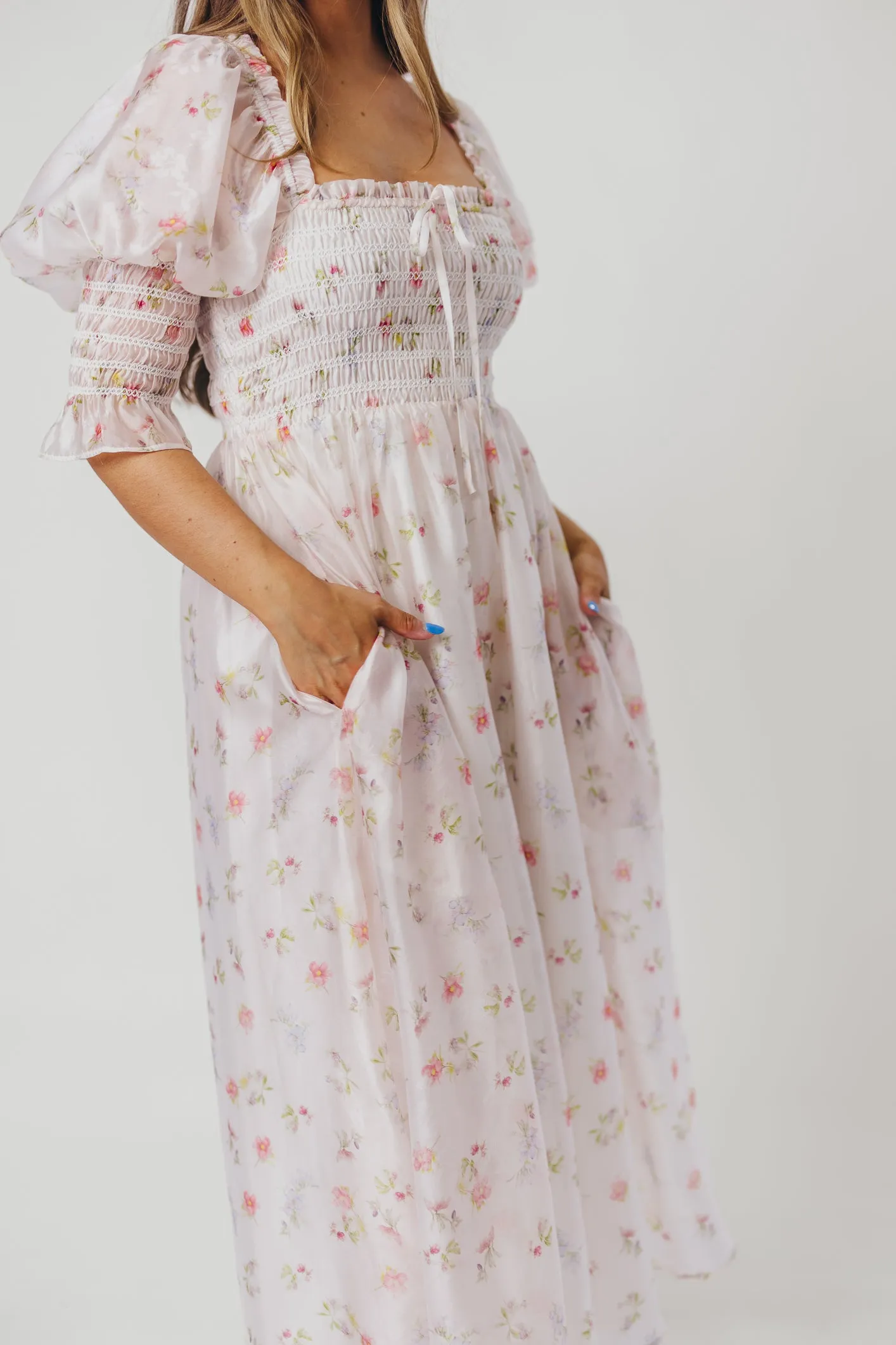 Rebecca Joy Smocked Midi Dress in Pink Roses - Bump Friendly & Inclusive Sizing (S-3XL)