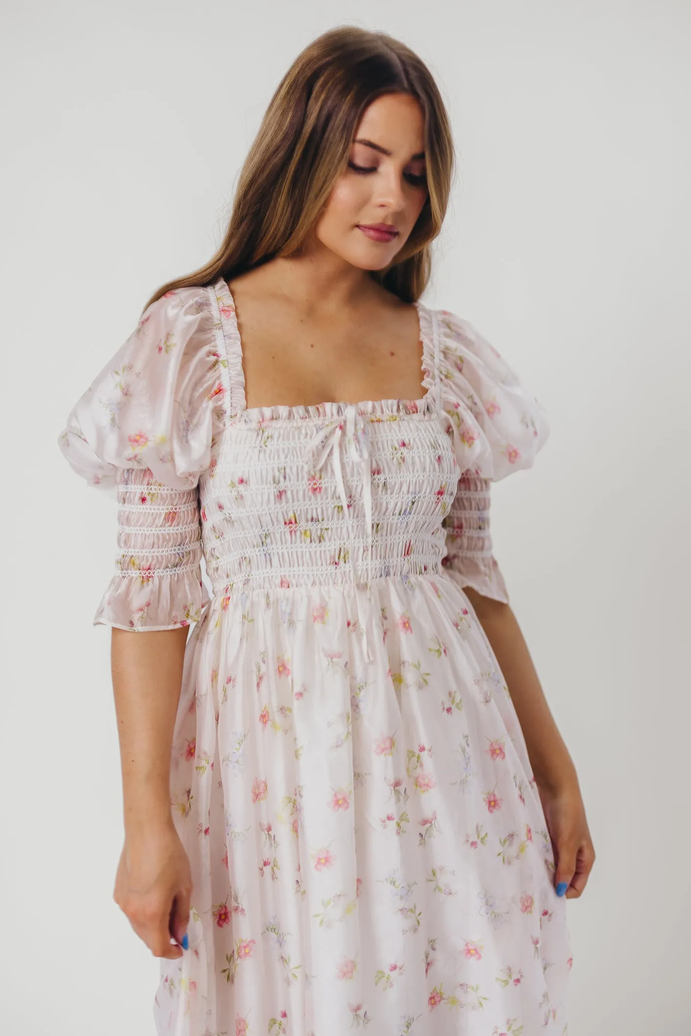 Rebecca Joy Smocked Midi Dress in Pink Roses - Bump Friendly & Inclusive Sizing (S-3XL)