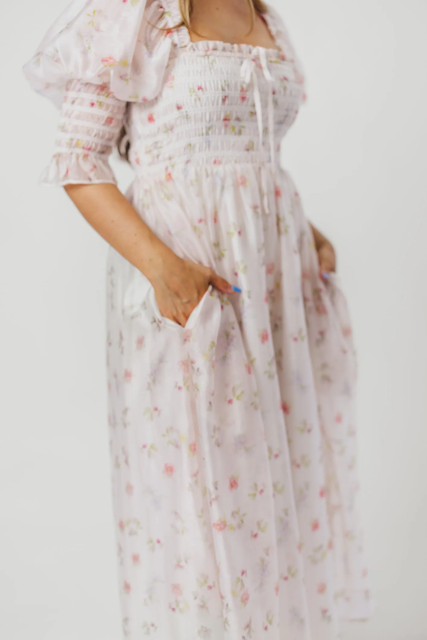 Rebecca Joy Smocked Midi Dress in Pink Roses - Bump Friendly & Inclusive Sizing (S-3XL)