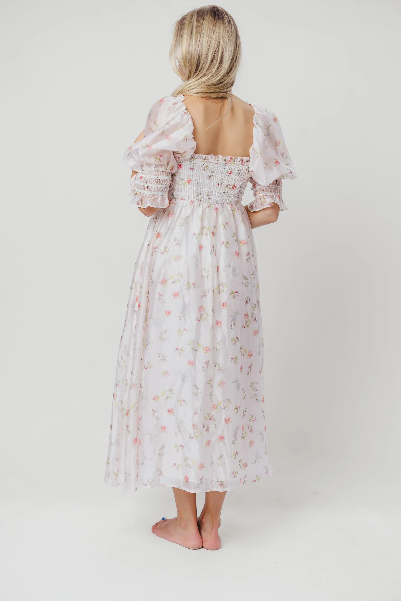 Rebecca Joy Smocked Midi Dress in Pink Roses - Bump Friendly & Inclusive Sizing (S-3XL)