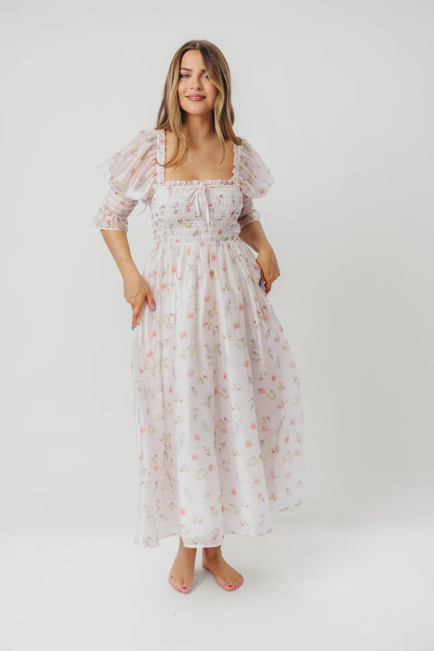 Rebecca Joy Smocked Midi Dress in Pink Roses - Bump Friendly & Inclusive Sizing (S-3XL)