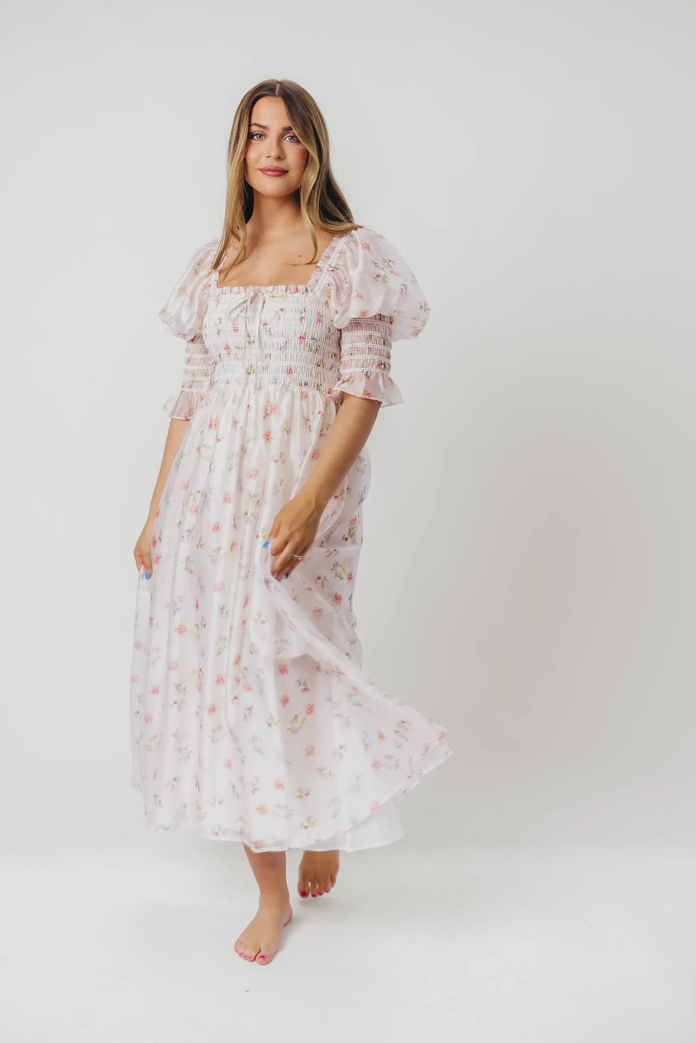 Rebecca Joy Smocked Midi Dress in Pink Roses - Bump Friendly & Inclusive Sizing (S-3XL)