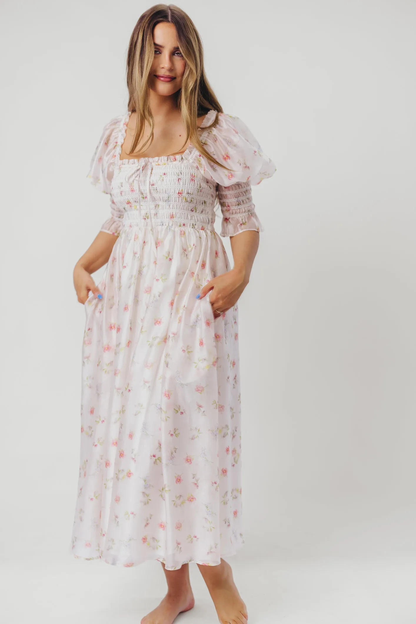 Rebecca Joy Smocked Midi Dress in Pink Roses - Bump Friendly & Inclusive Sizing (S-3XL)