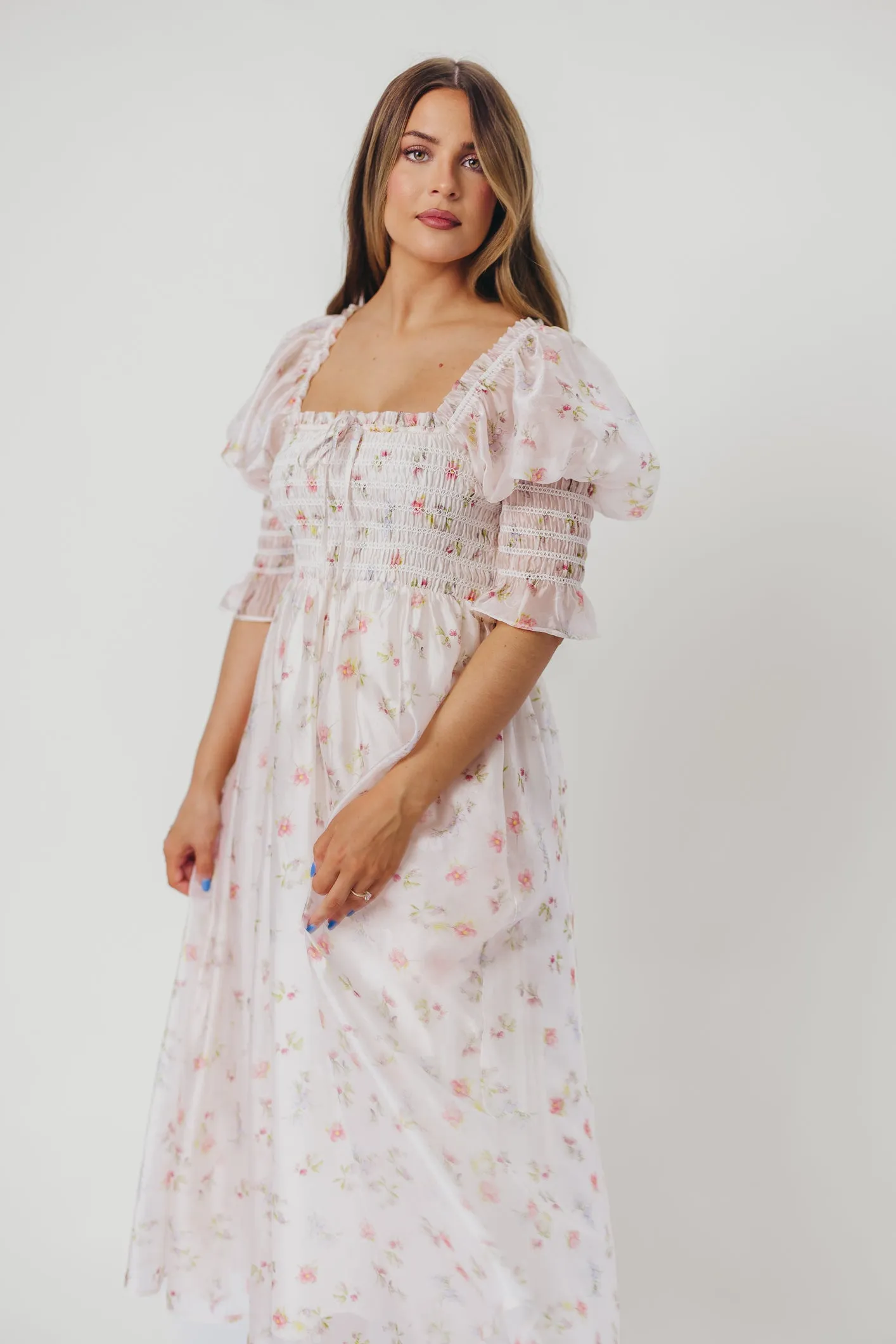 Rebecca Joy Smocked Midi Dress in Pink Roses - Bump Friendly & Inclusive Sizing (S-3XL)