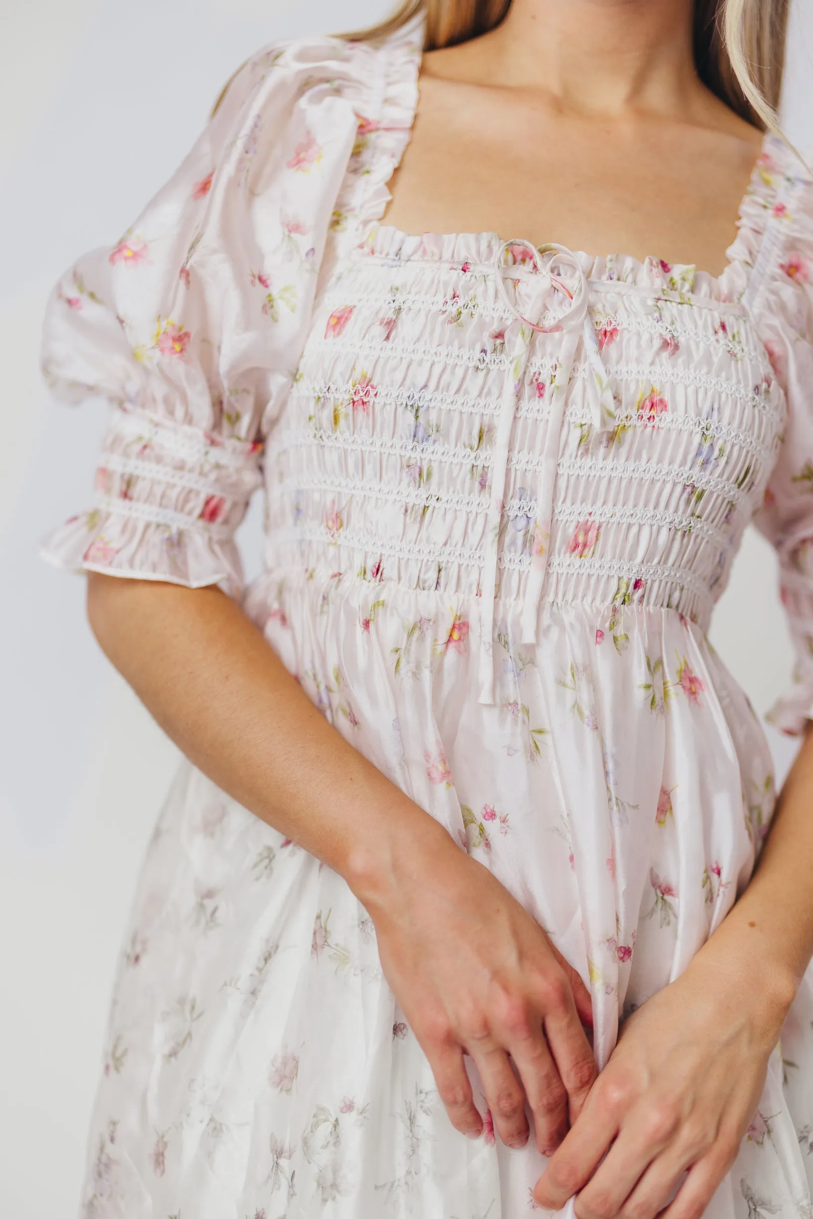 Rebecca Joy Smocked Midi Dress in Pink Roses - Bump Friendly & Inclusive Sizing (S-3XL)