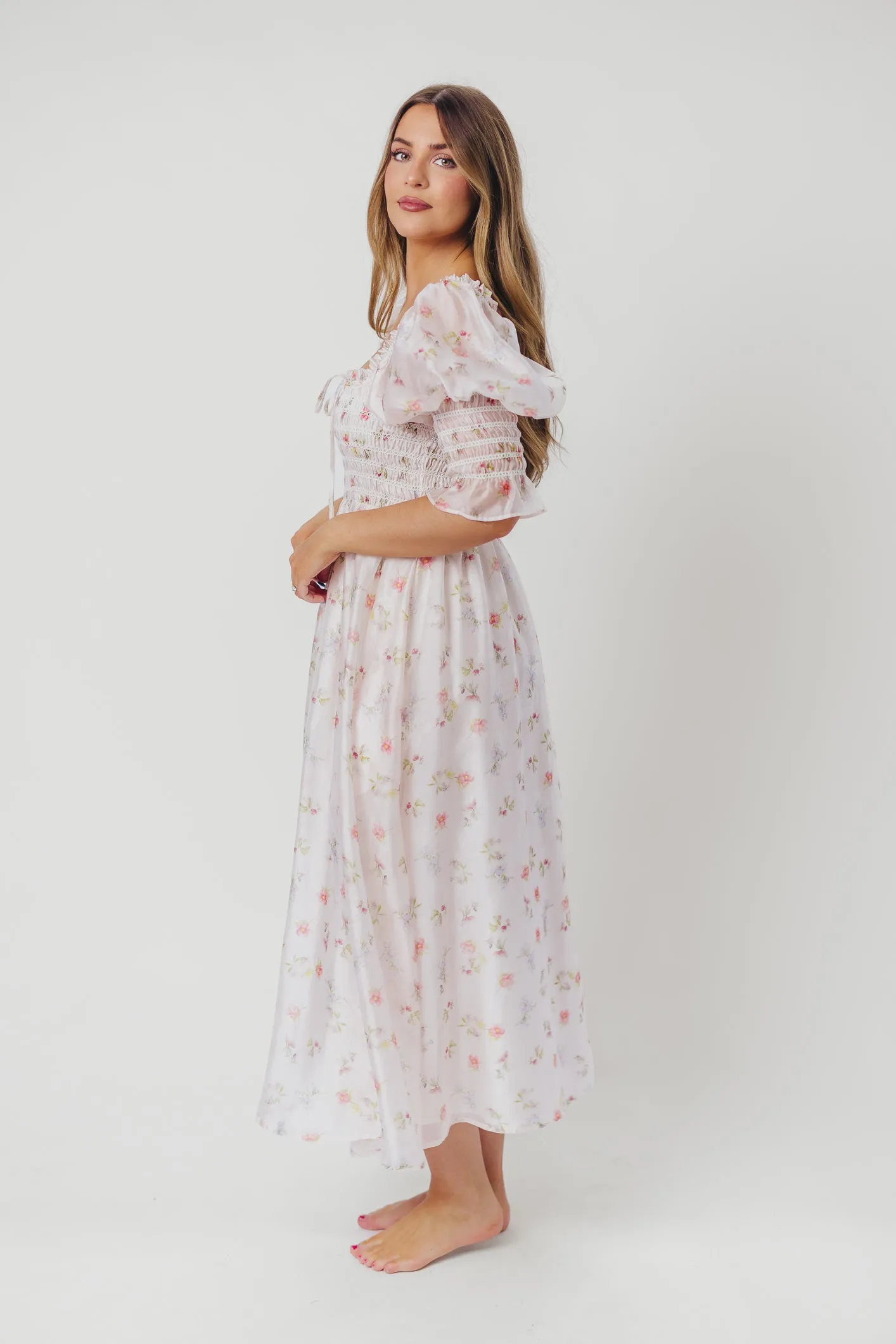 Rebecca Joy Smocked Midi Dress in Pink Roses - Bump Friendly & Inclusive Sizing (S-3XL)