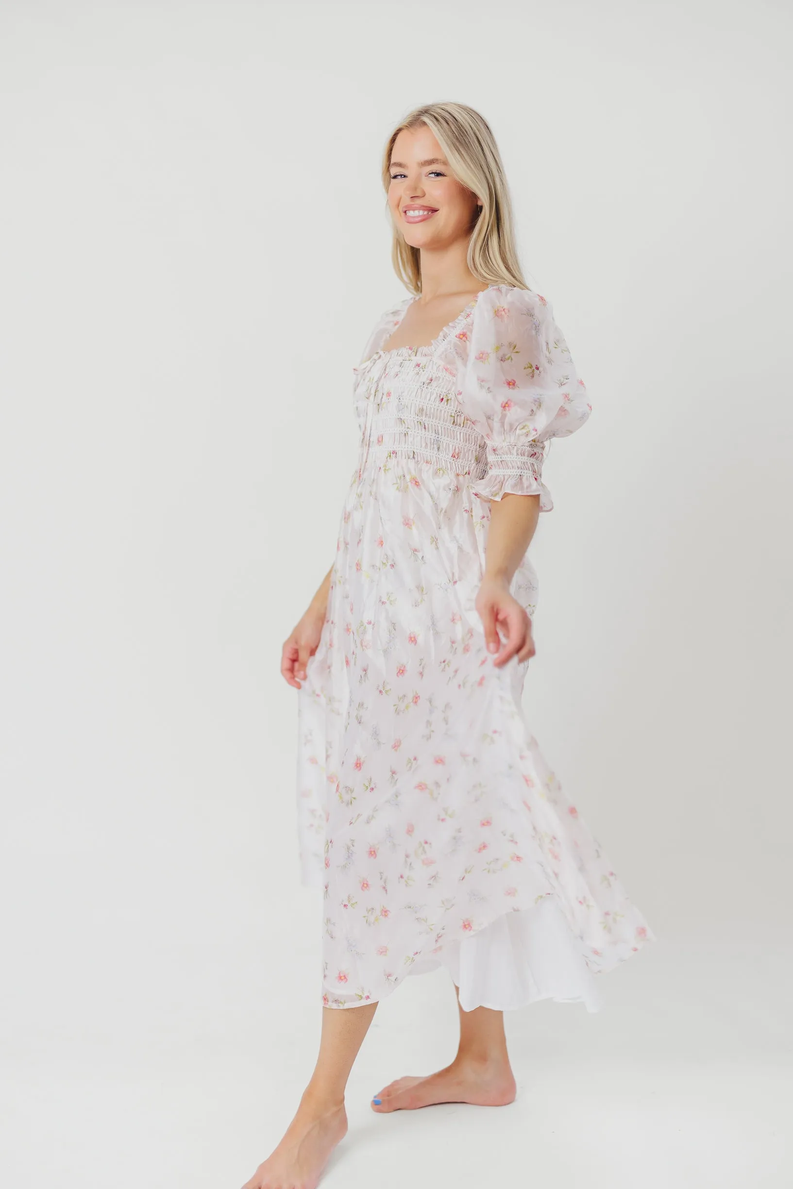 Rebecca Joy Smocked Midi Dress in Pink Roses - Bump Friendly & Inclusive Sizing (S-3XL)