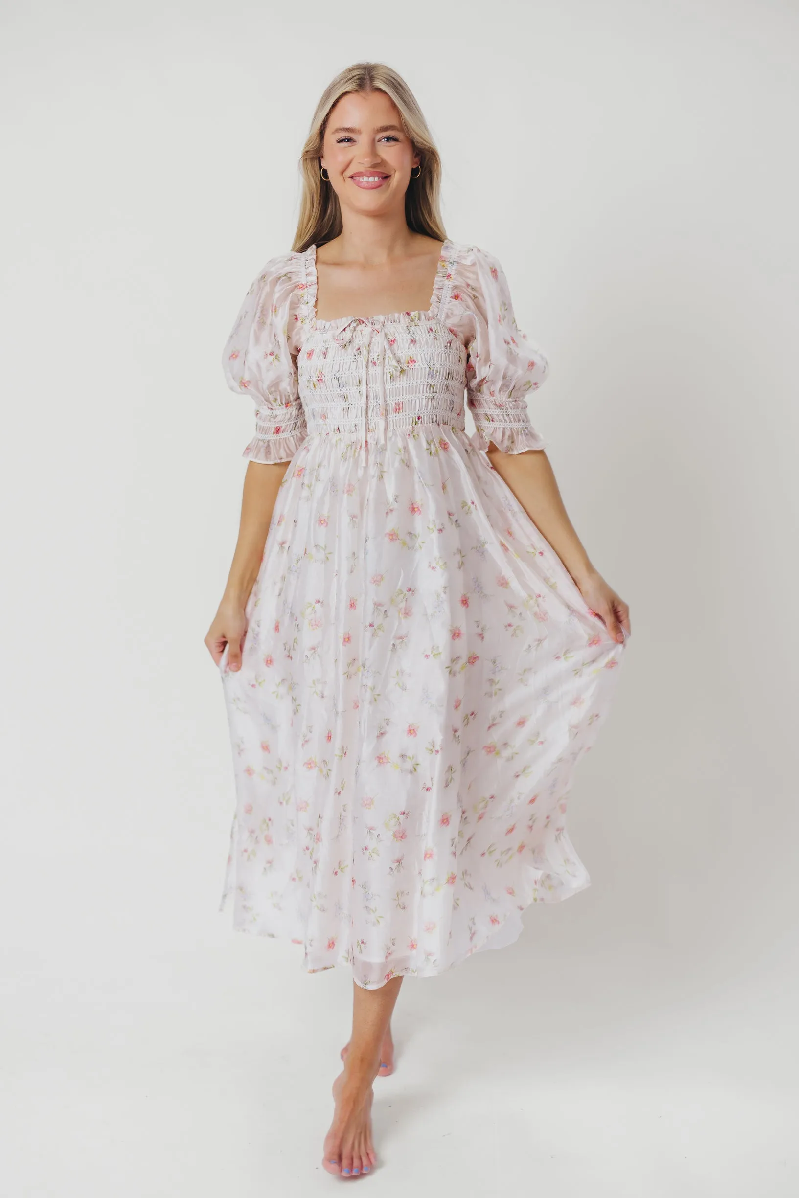 Rebecca Joy Smocked Midi Dress in Pink Roses - Bump Friendly & Inclusive Sizing (S-3XL)