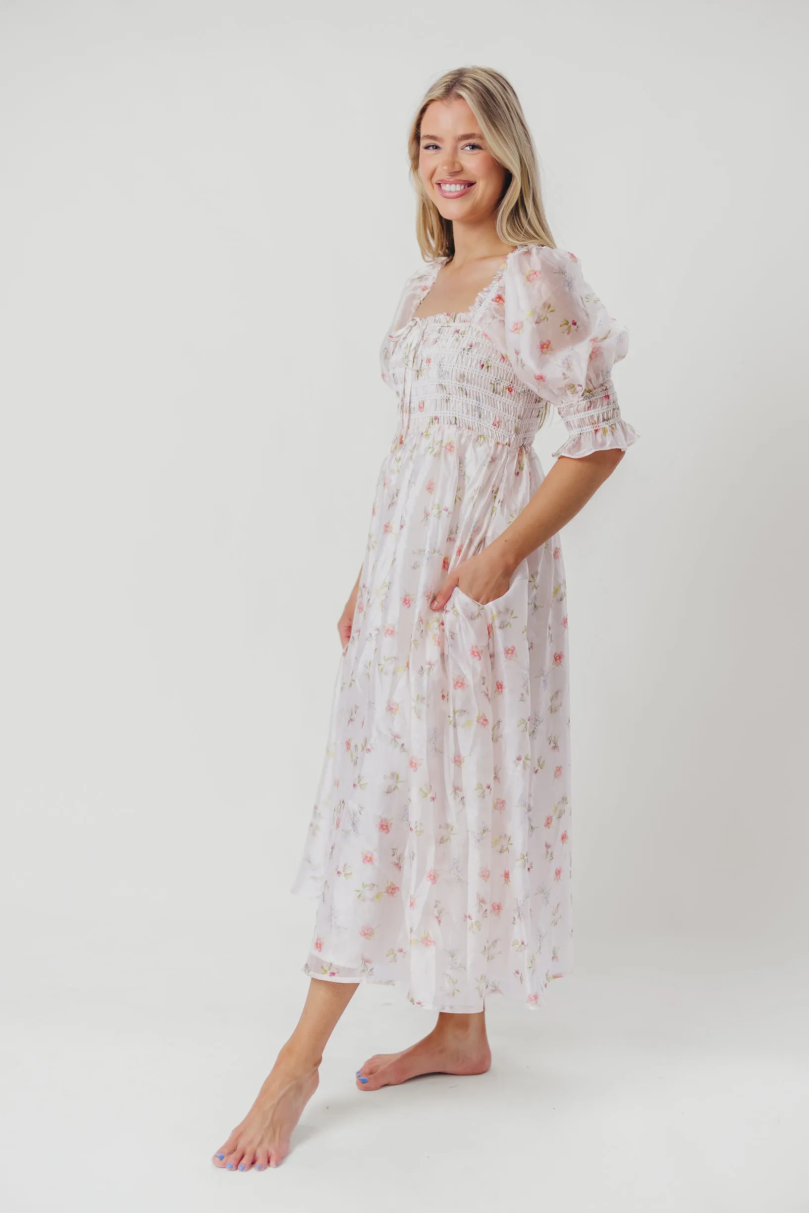 Rebecca Joy Smocked Midi Dress in Pink Roses - Bump Friendly & Inclusive Sizing (S-3XL)