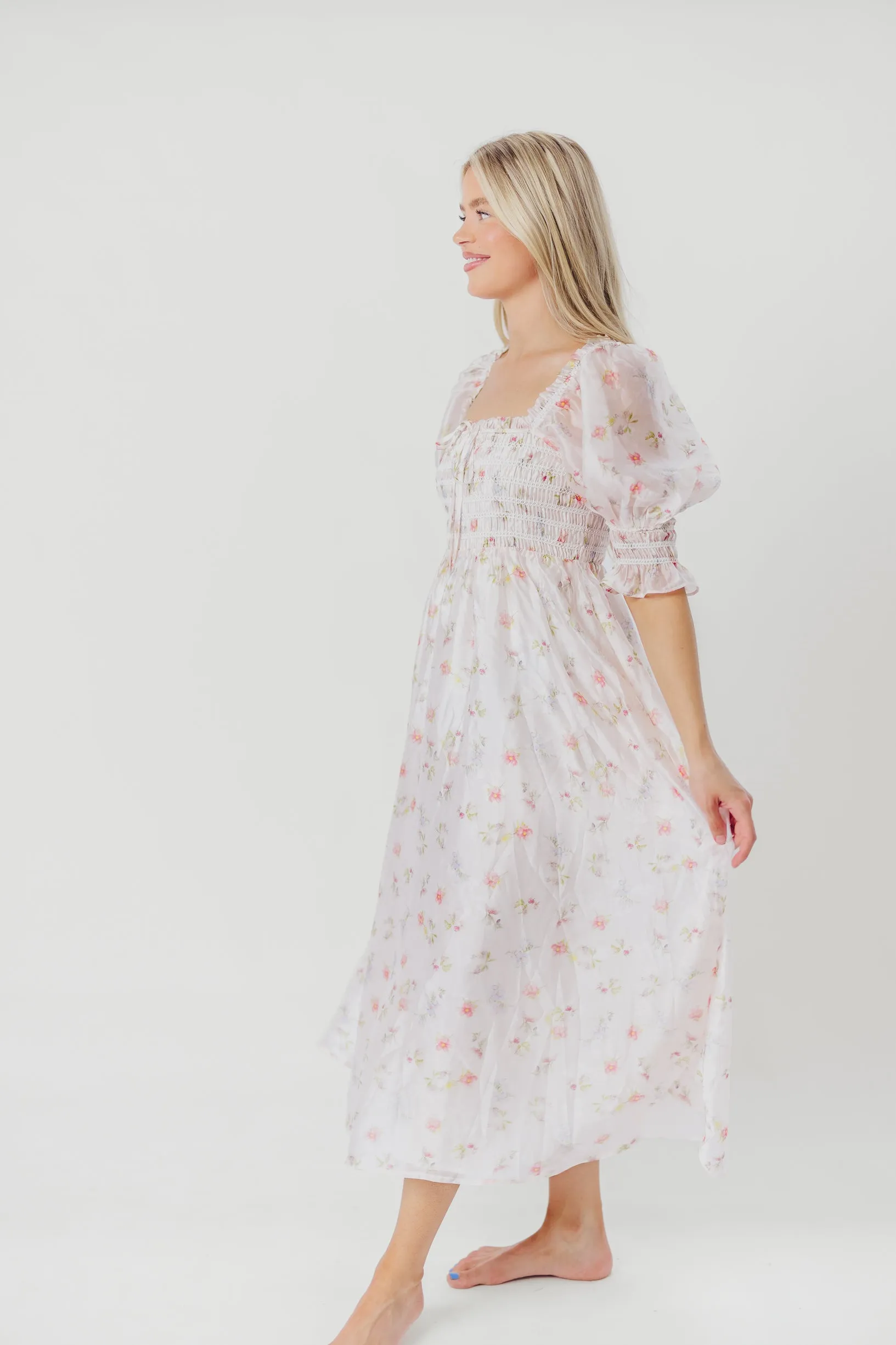 Rebecca Joy Smocked Midi Dress in Pink Roses - Bump Friendly & Inclusive Sizing (S-3XL)