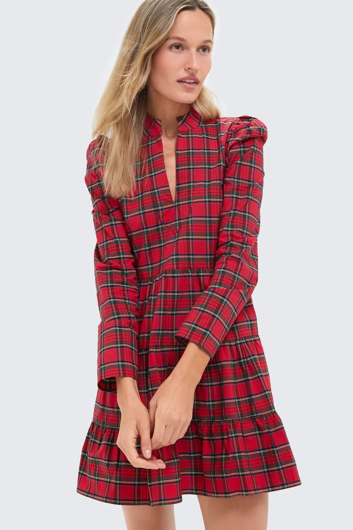 Red Plaid Long Sleeve Tunic Flare Dress