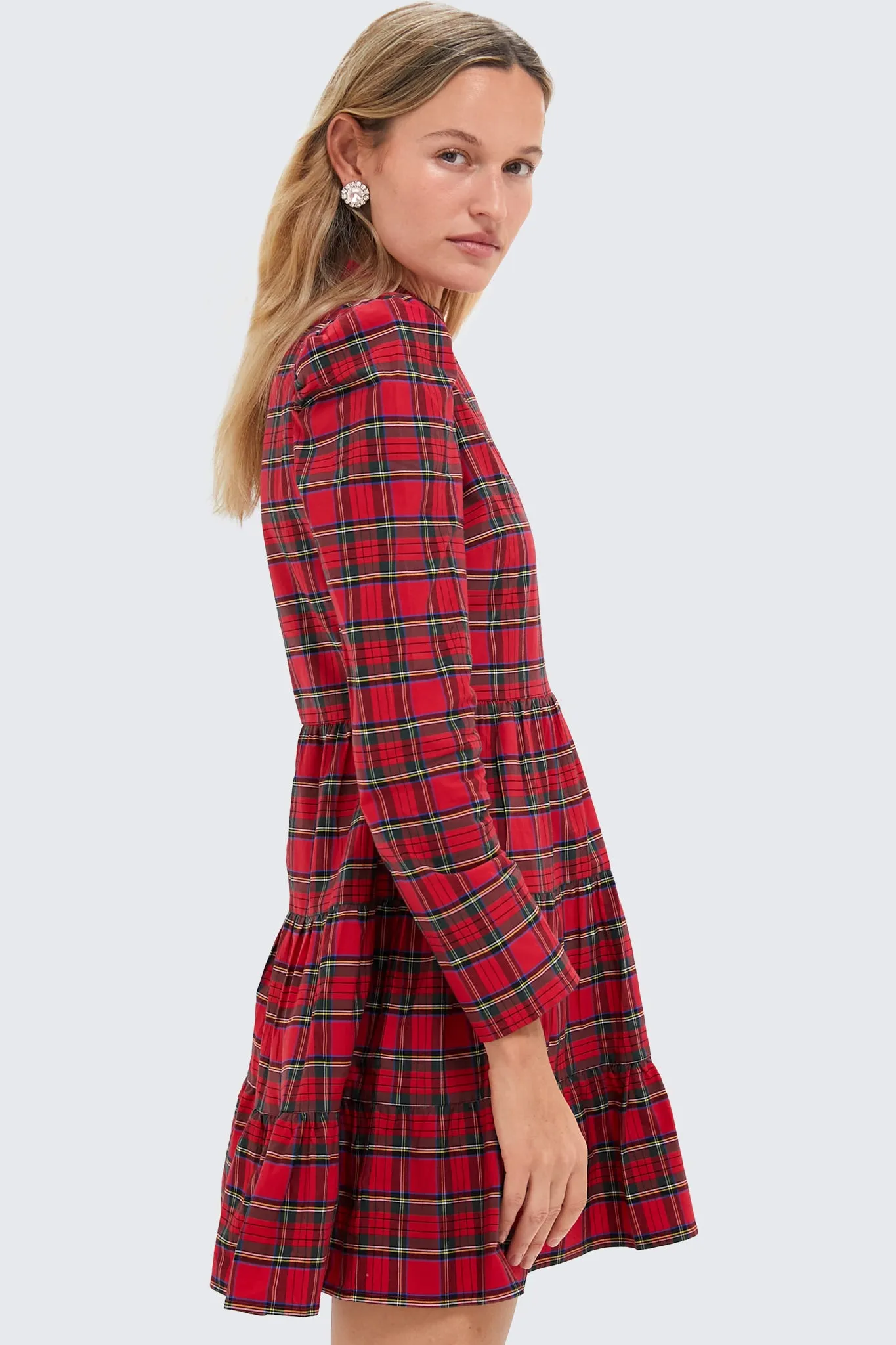 Red Plaid Long Sleeve Tunic Flare Dress