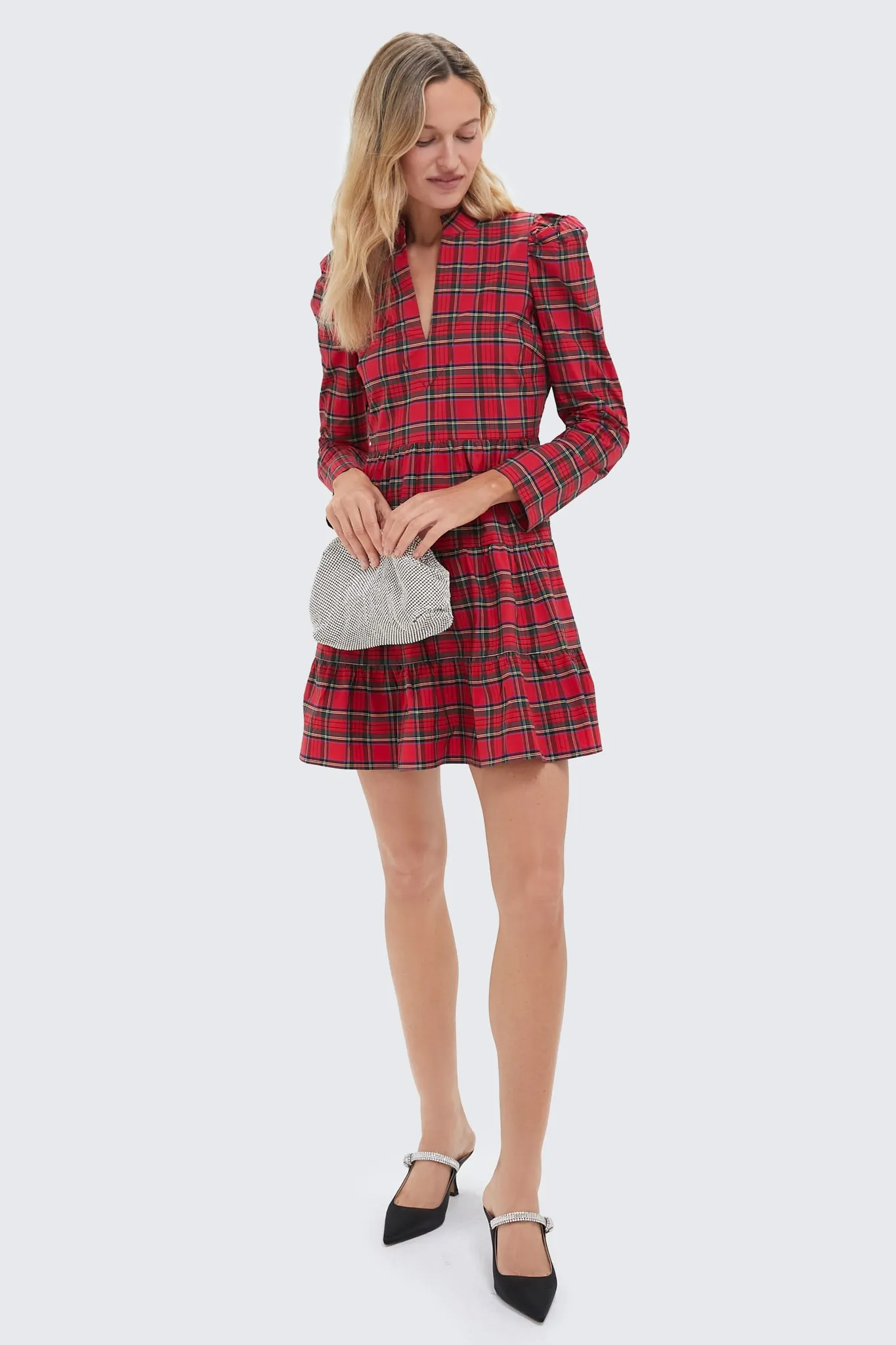 Red Plaid Long Sleeve Tunic Flare Dress