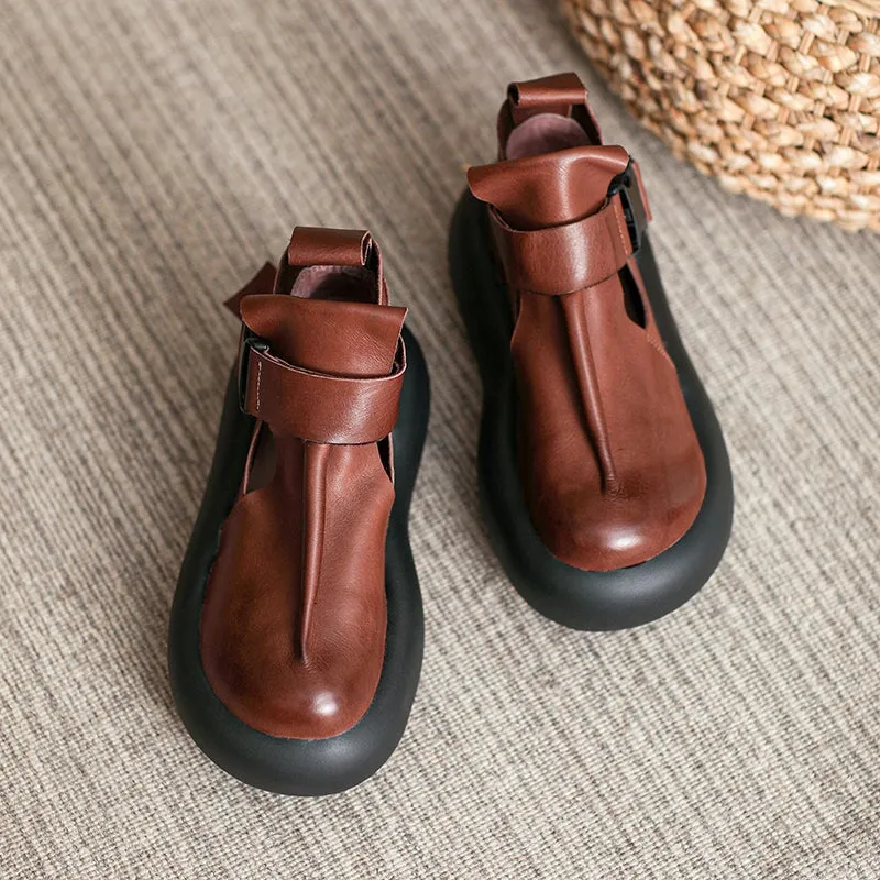 Retro Handmade Leather Platform Shoes Women Fashion Sandals In Black/Coffee