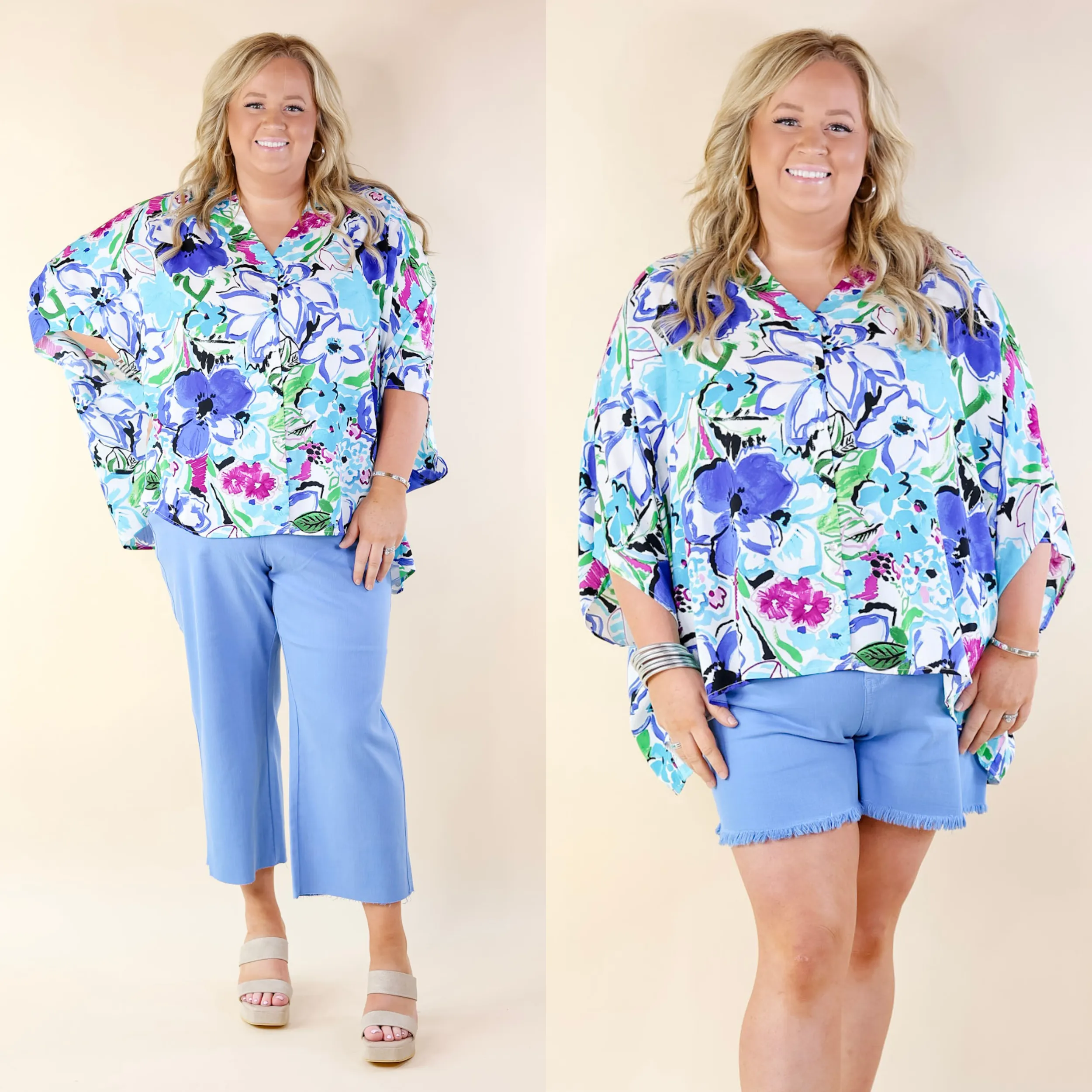 Sailing Away Floral Button Up Poncho Top in Blue Mix