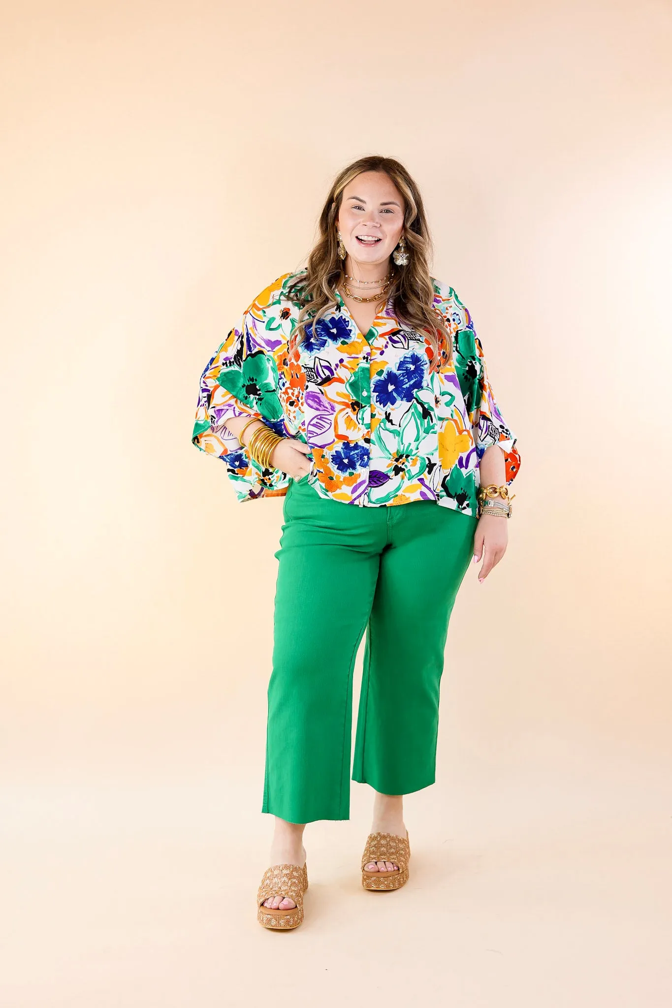 Sailing Away Floral Button Up Poncho Top in Green Mix