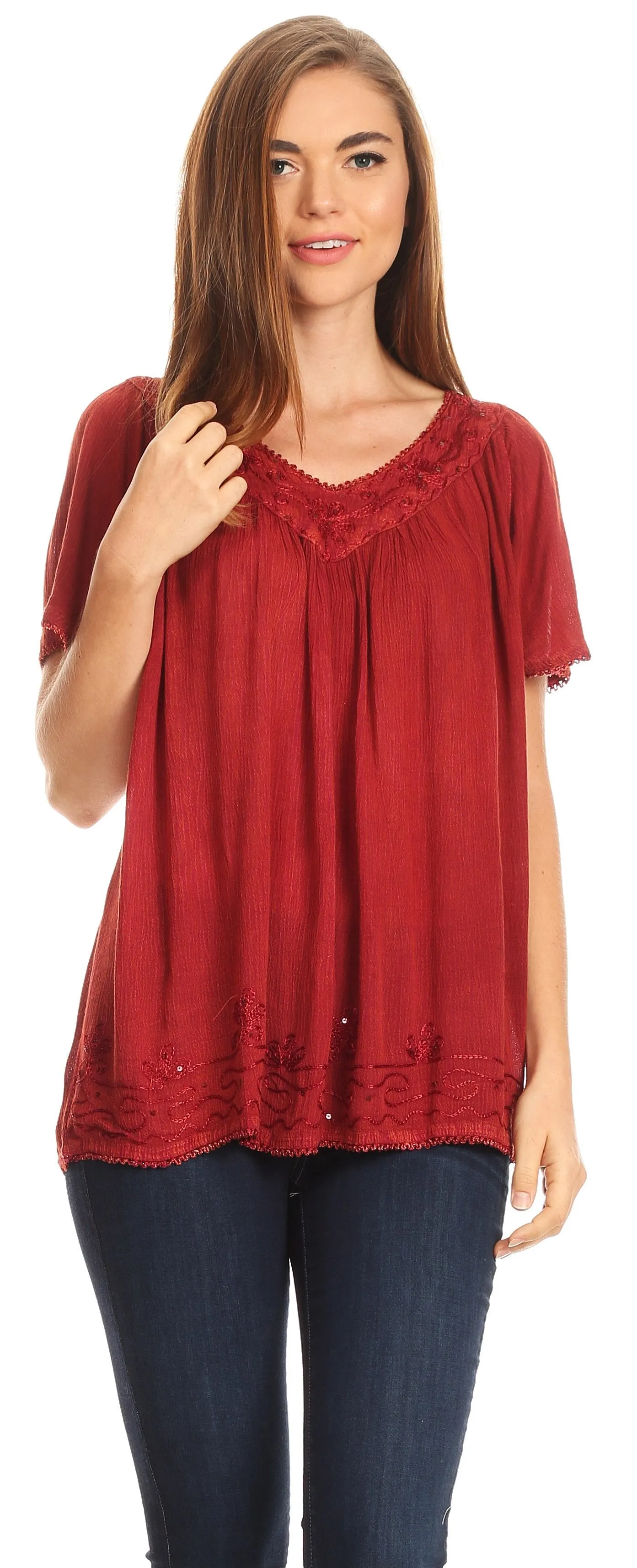 Sakkas Emma Crinkle V-neck Short Sleeve Top Blouse with Embroidery and Sequin