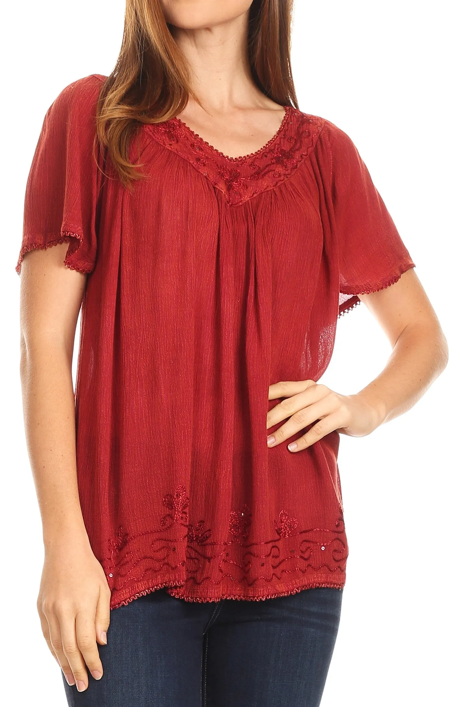 Sakkas Emma Crinkle V-neck Short Sleeve Top Blouse with Embroidery and Sequin