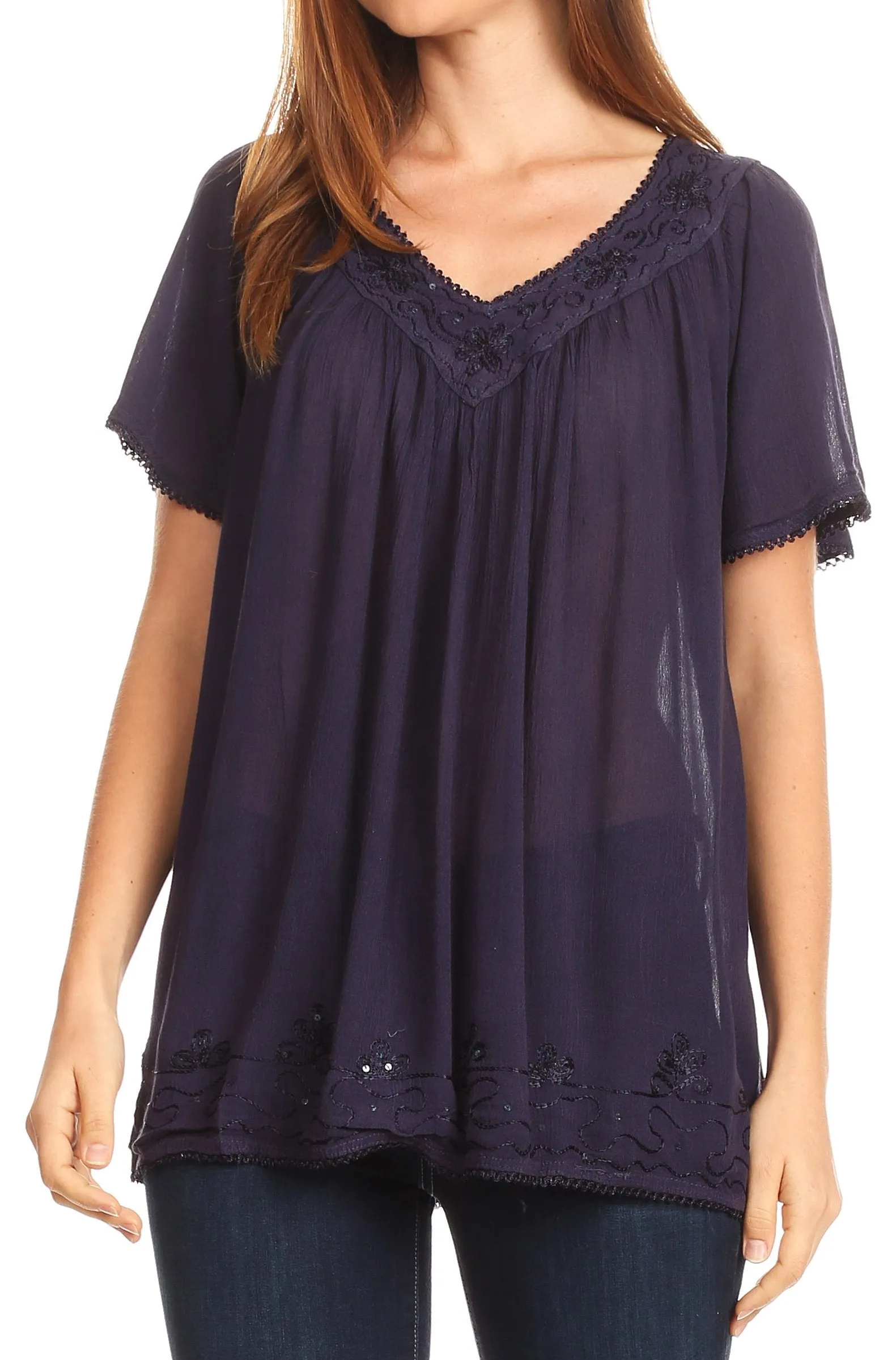 Sakkas Emma Crinkle V-neck Short Sleeve Top Blouse with Embroidery and Sequin