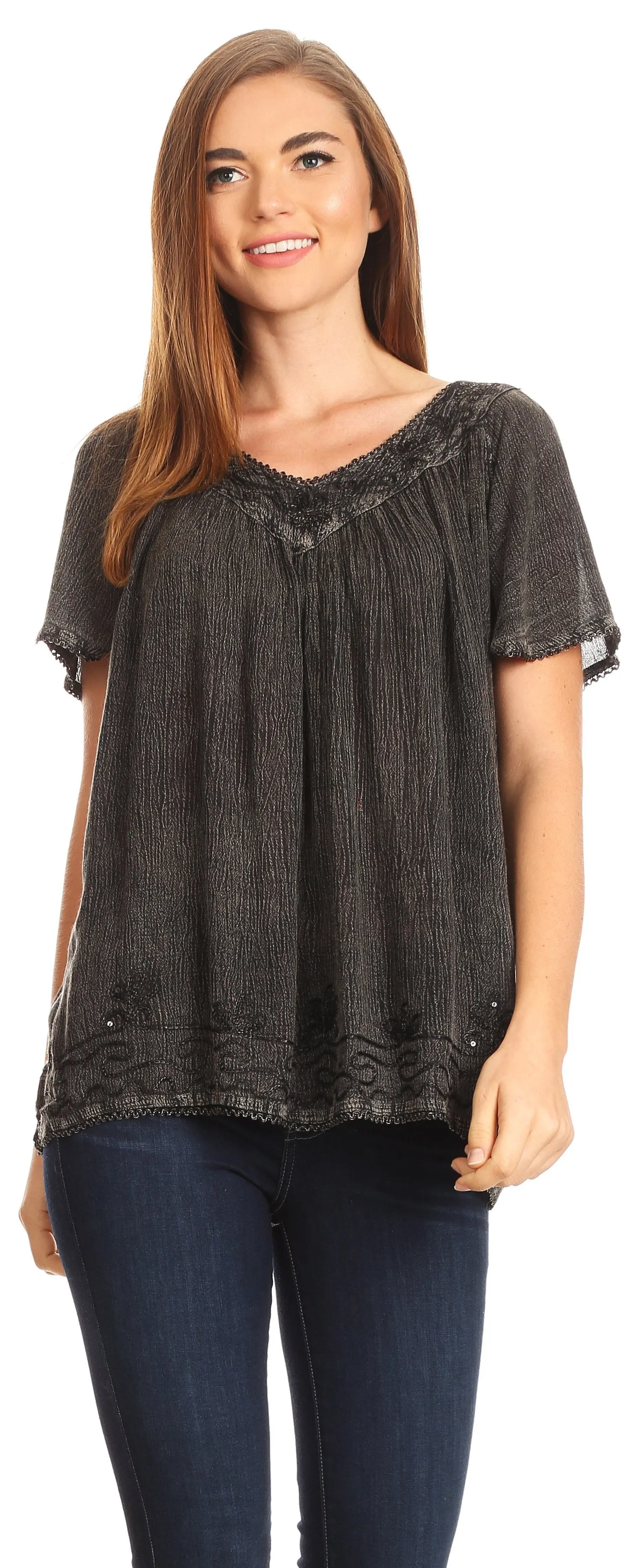 Sakkas Emma Crinkle V-neck Short Sleeve Top Blouse with Embroidery and Sequin