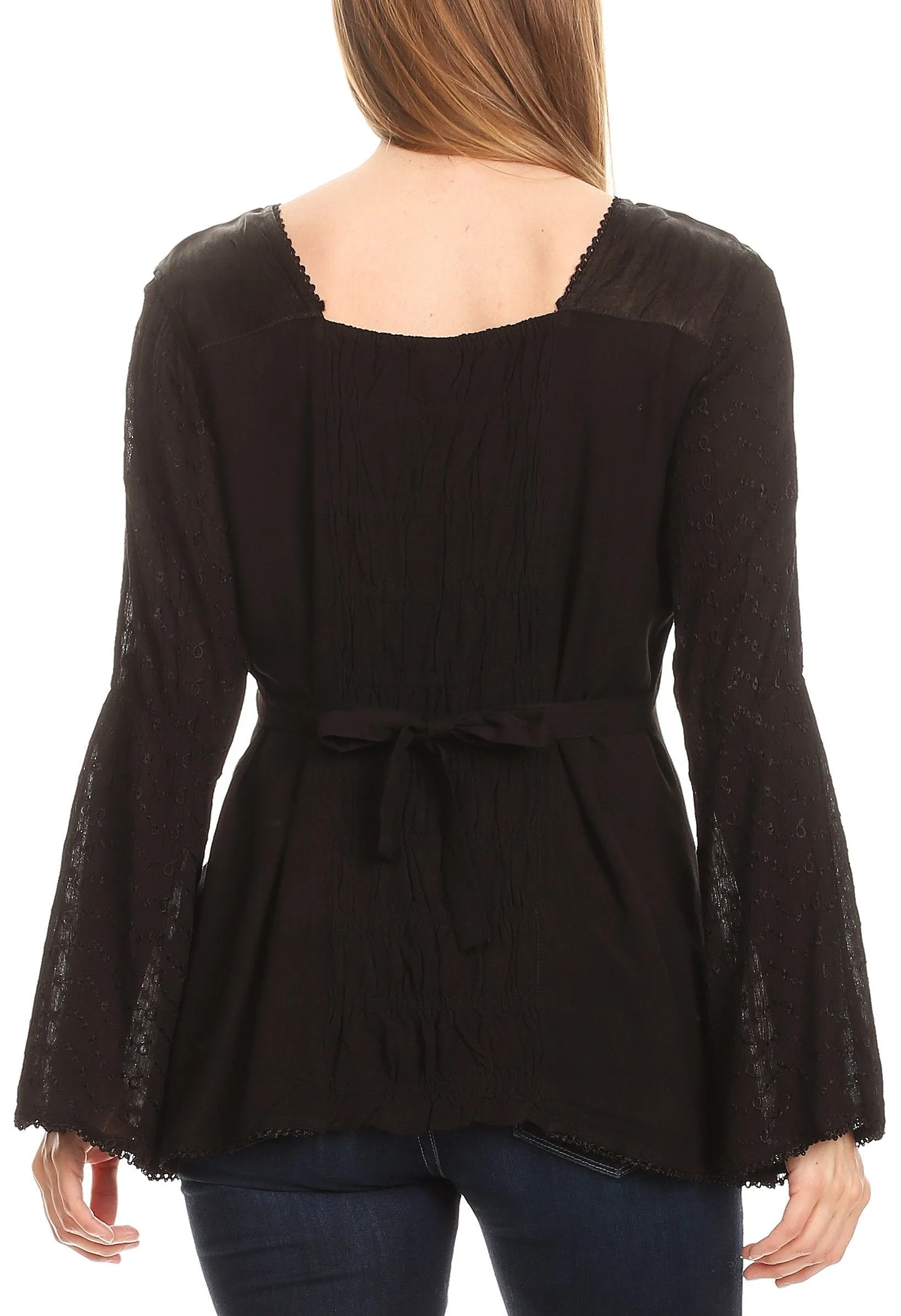 Sakkas Soraya Embroidered Eyelet Button Down Blouse Top with Long Sleeves and Ties