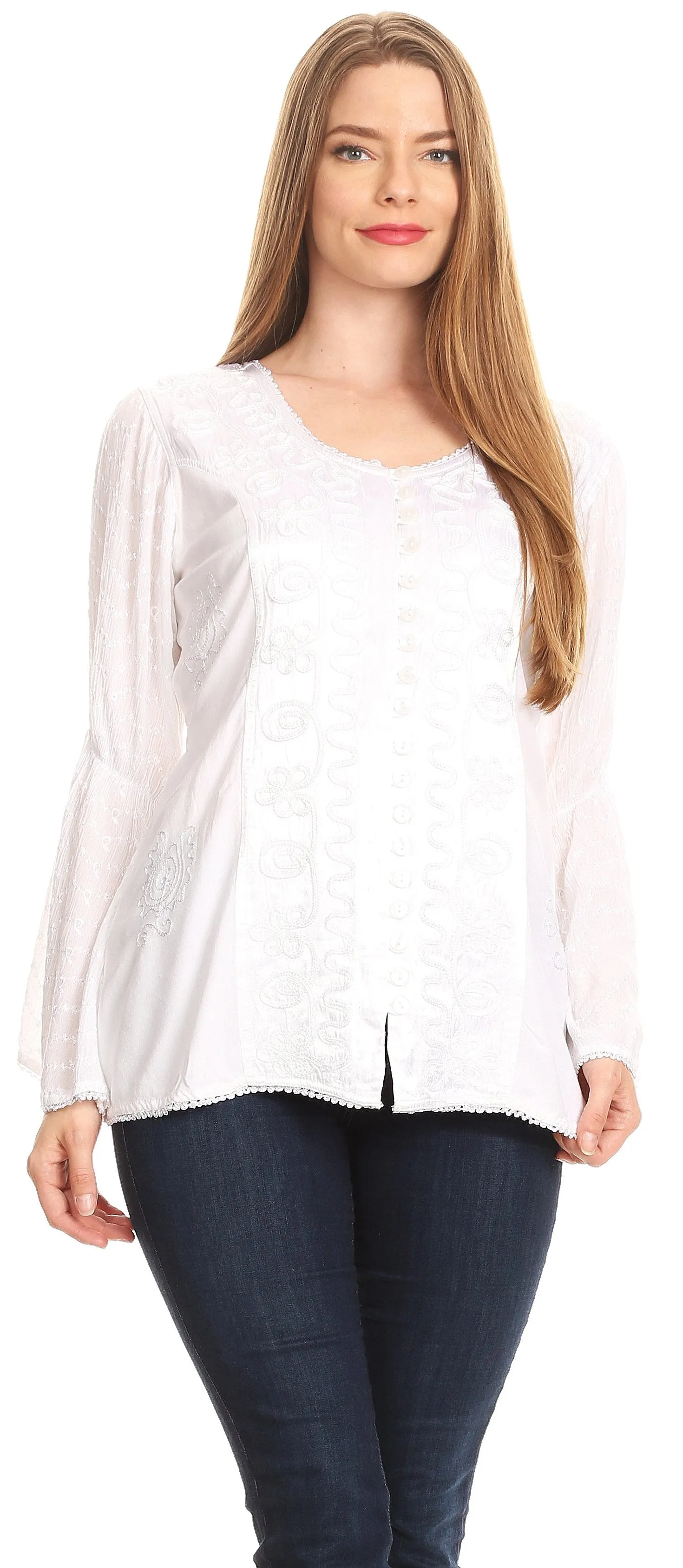 Sakkas Soraya Embroidered Eyelet Button Down Blouse Top with Long Sleeves and Ties