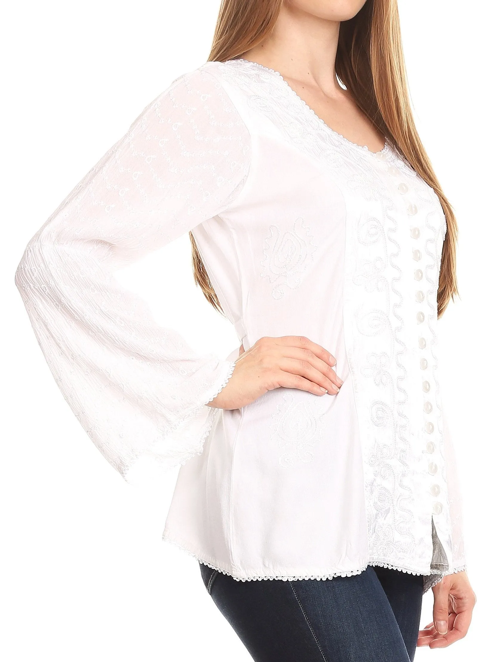 Sakkas Soraya Embroidered Eyelet Button Down Blouse Top with Long Sleeves and Ties