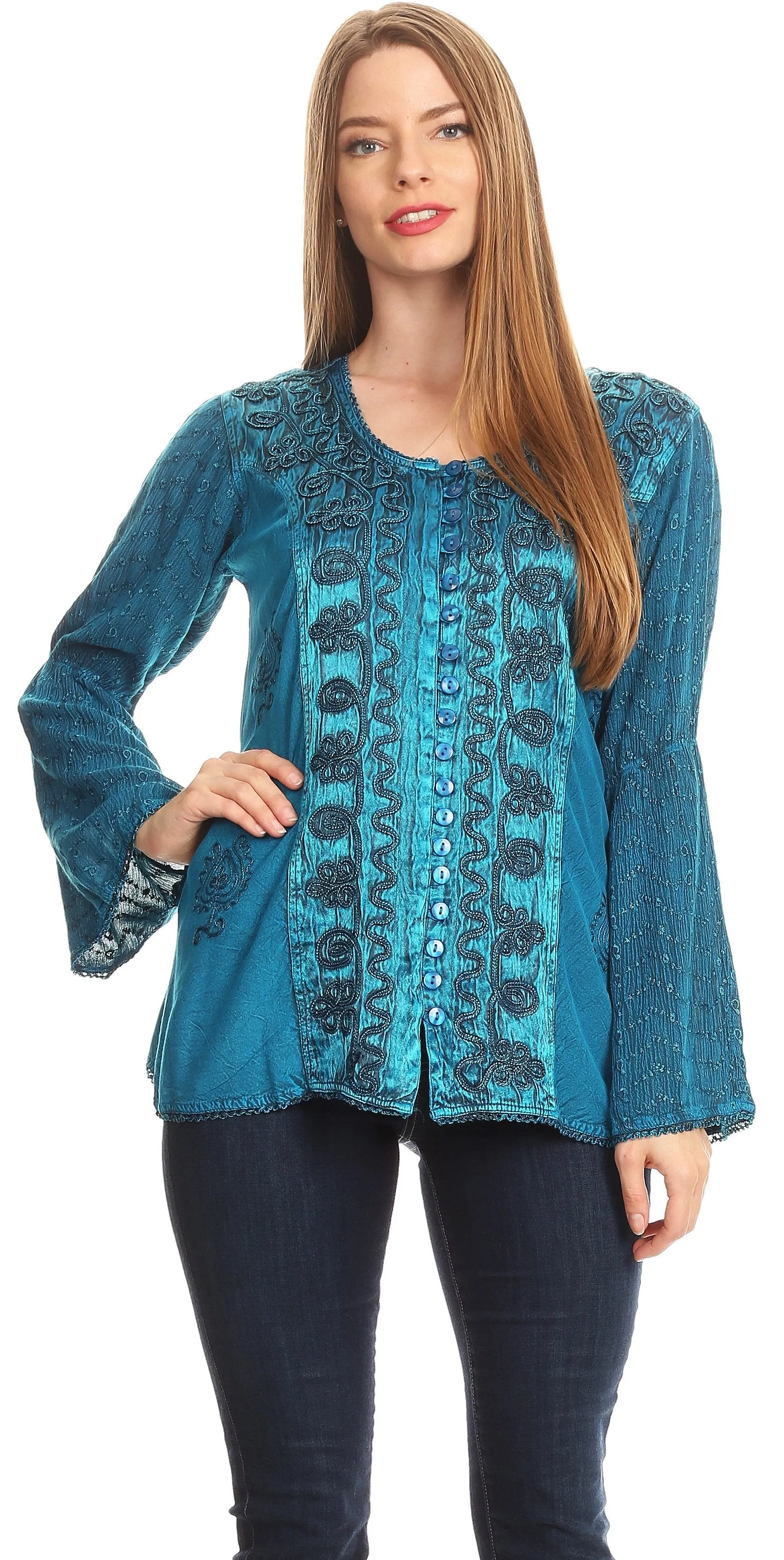 Sakkas Soraya Embroidered Eyelet Button Down Blouse Top with Long Sleeves and Ties