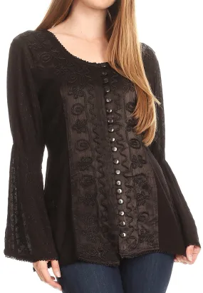 Sakkas Soraya Embroidered Eyelet Button Down Blouse Top with Long Sleeves and Ties