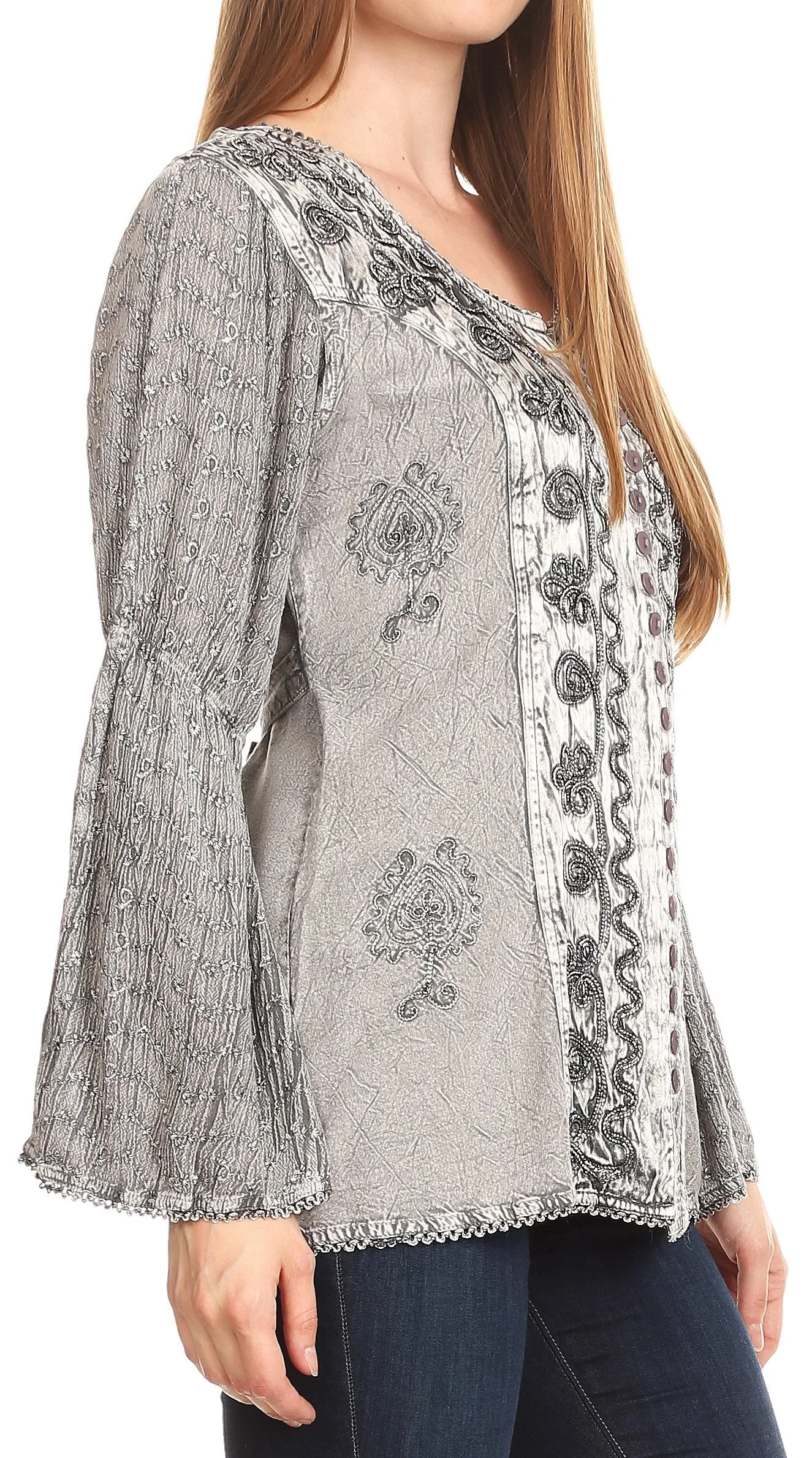 Sakkas Soraya Embroidered Eyelet Button Down Blouse Top with Long Sleeves and Ties