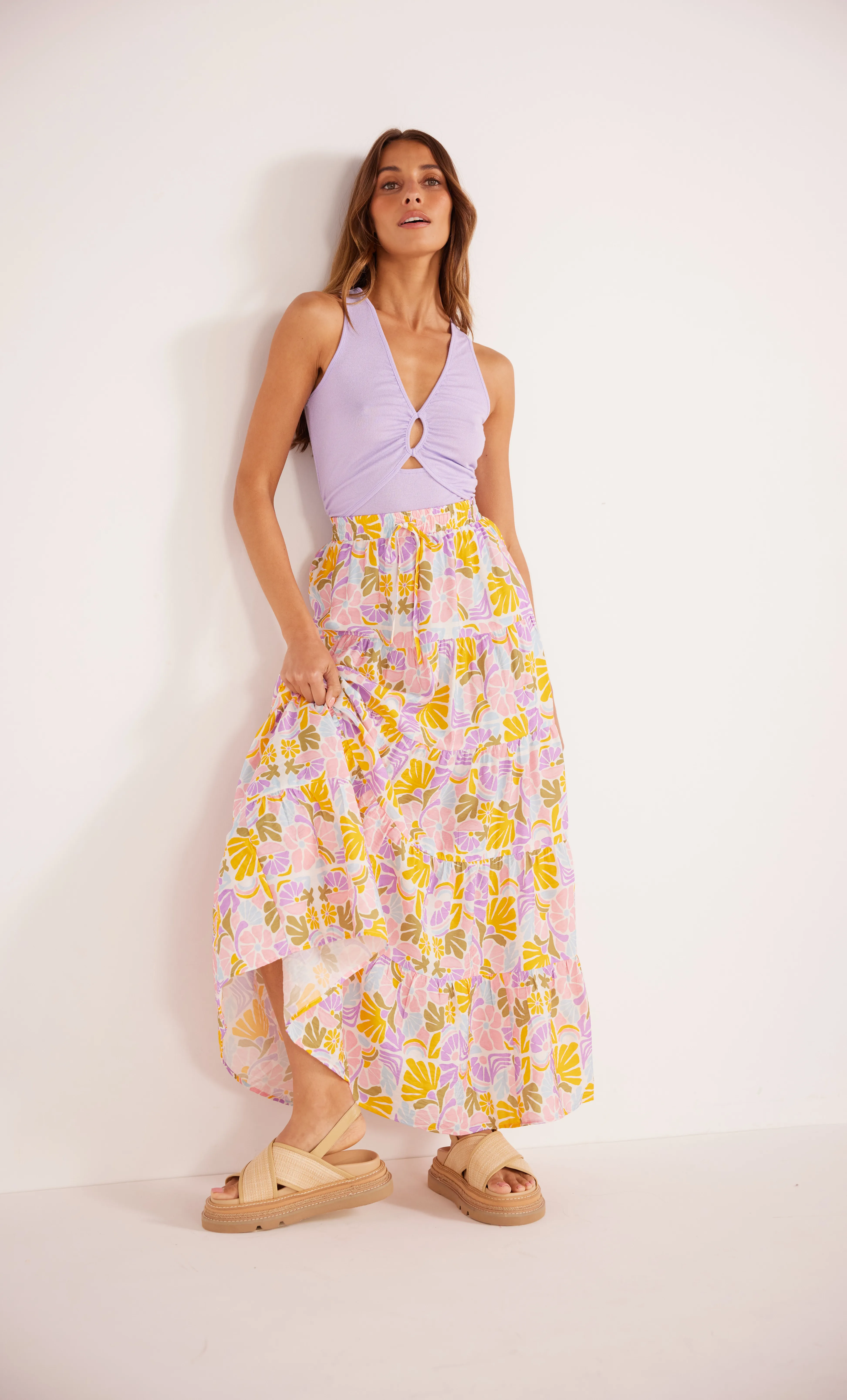 Soleil Tiered Flowy Maxi Skirt Purple Multi