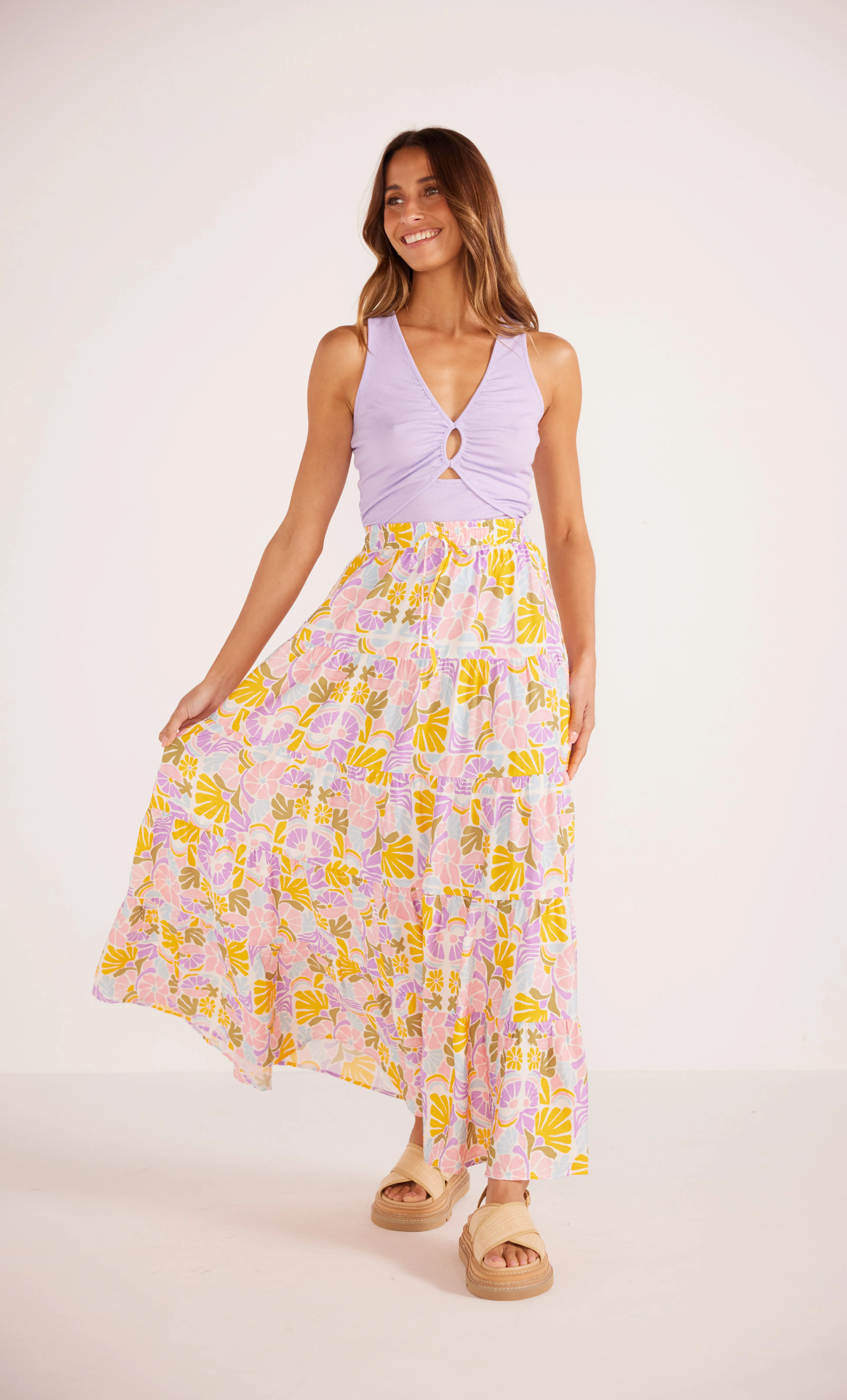 Soleil Tiered Flowy Maxi Skirt Purple Multi