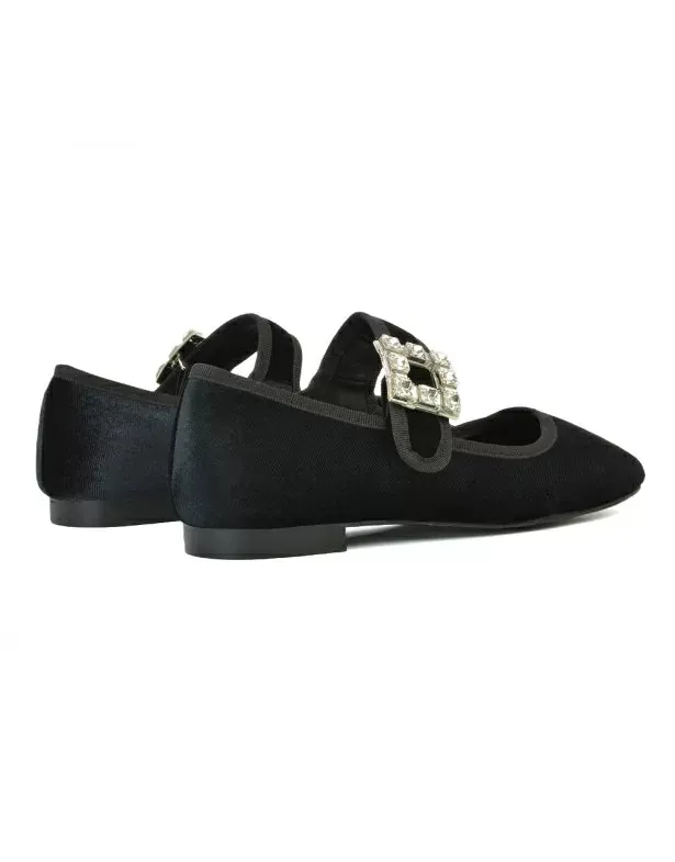 Stan Diamante Buckle Strap Mary Jane Flat Bridal Ballerina Pumps in Black Velvet