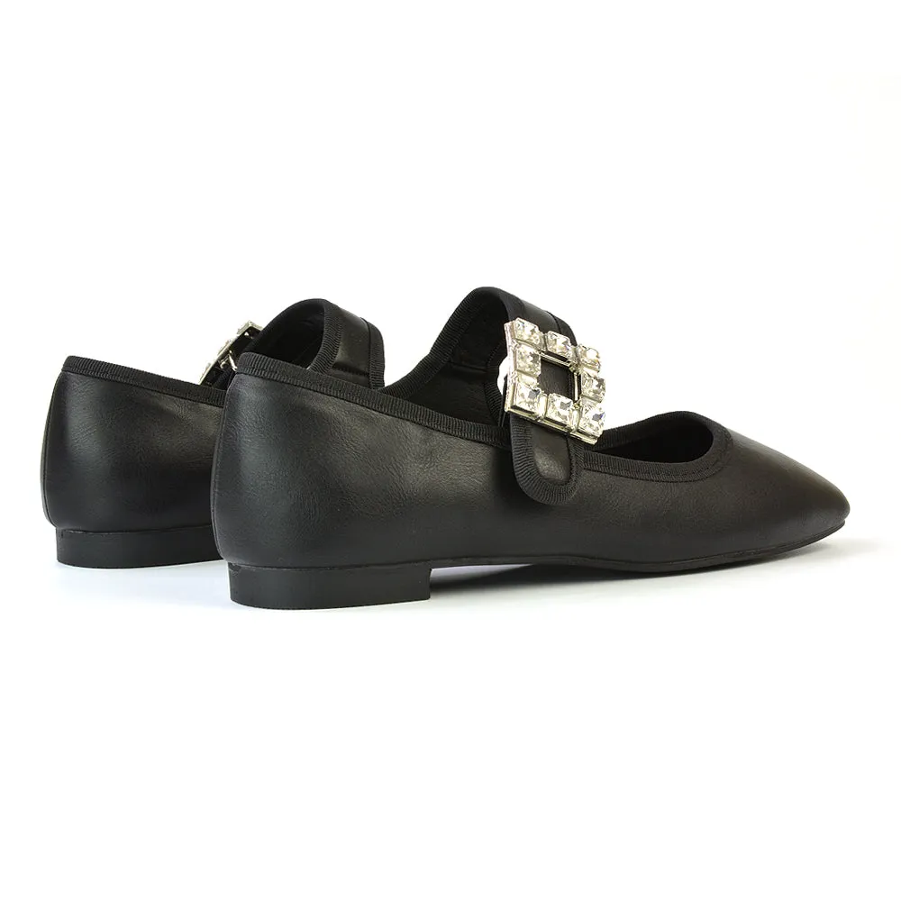 Stan Diamante Buckle Strap Mary Jane Flat Bridal Ballerina Pumps in Black Velvet