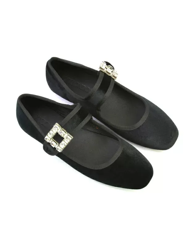 Stan Diamante Buckle Strap Mary Jane Flat Bridal Ballerina Pumps in Black Velvet