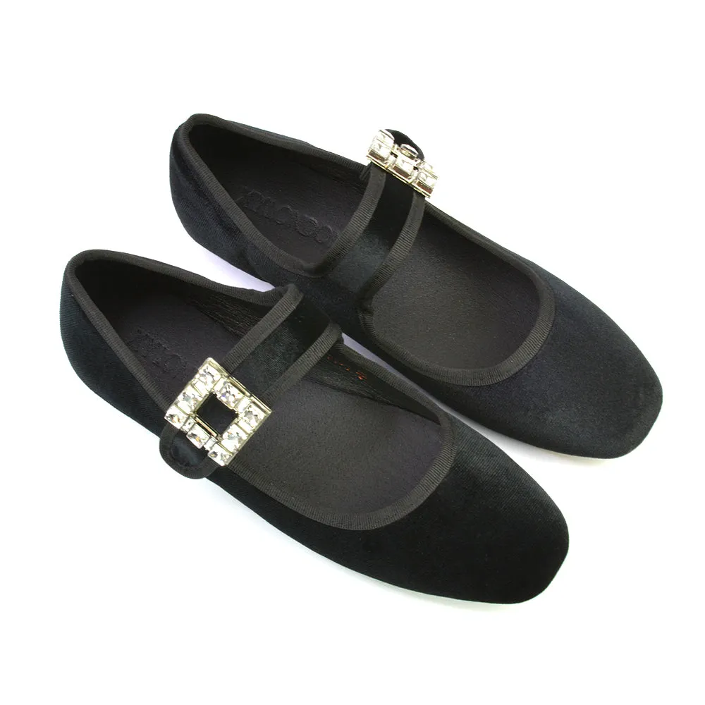 Stan Diamante Buckle Strap Mary Jane Flat Bridal Ballerina Pumps in Black Velvet