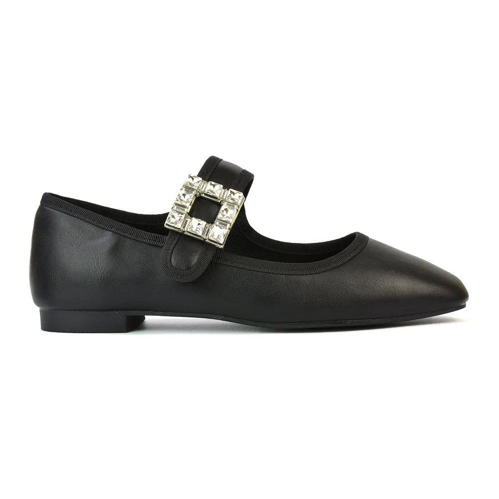 Stan Diamante Buckle Strap Mary Jane Flat Bridal Ballerina Pumps in Black Velvet